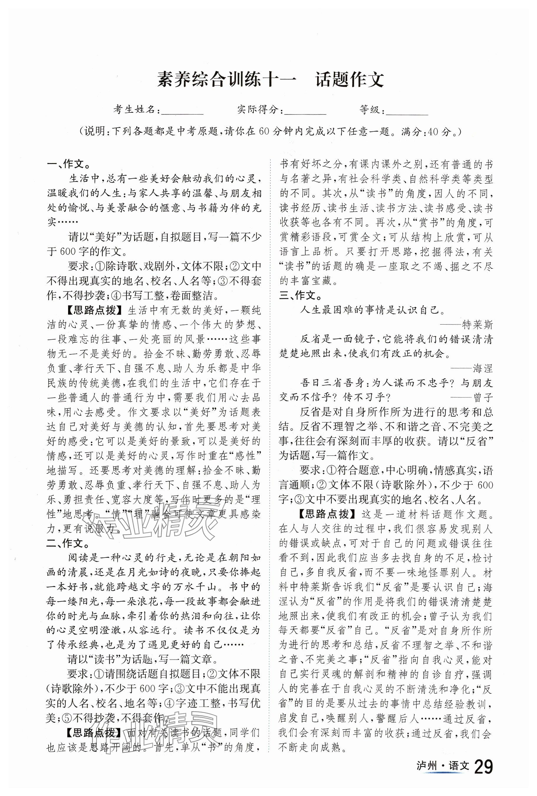 2024年国华考试中考总动员语文泸州专版 参考答案第29页