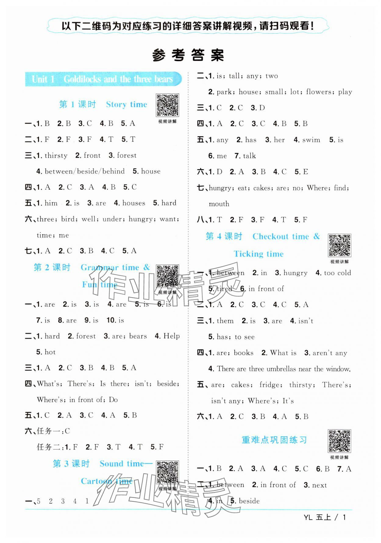 2024年陽光同學課時優(yōu)化作業(yè)五年級英語上冊譯林版江蘇專版 參考答案第1頁