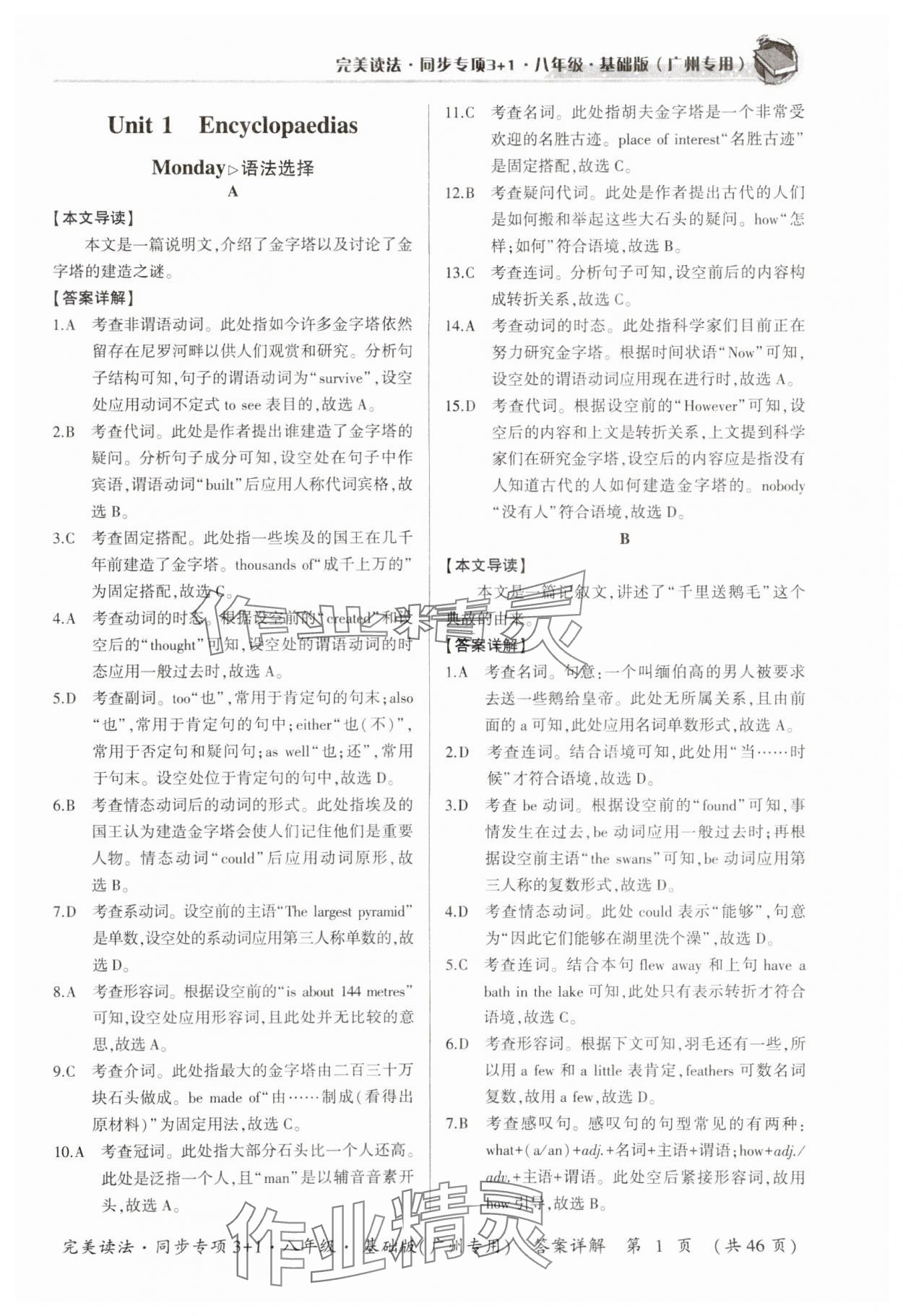2024年初中英语完美读法八年级同步专项3+1广州专版 参考答案第1页