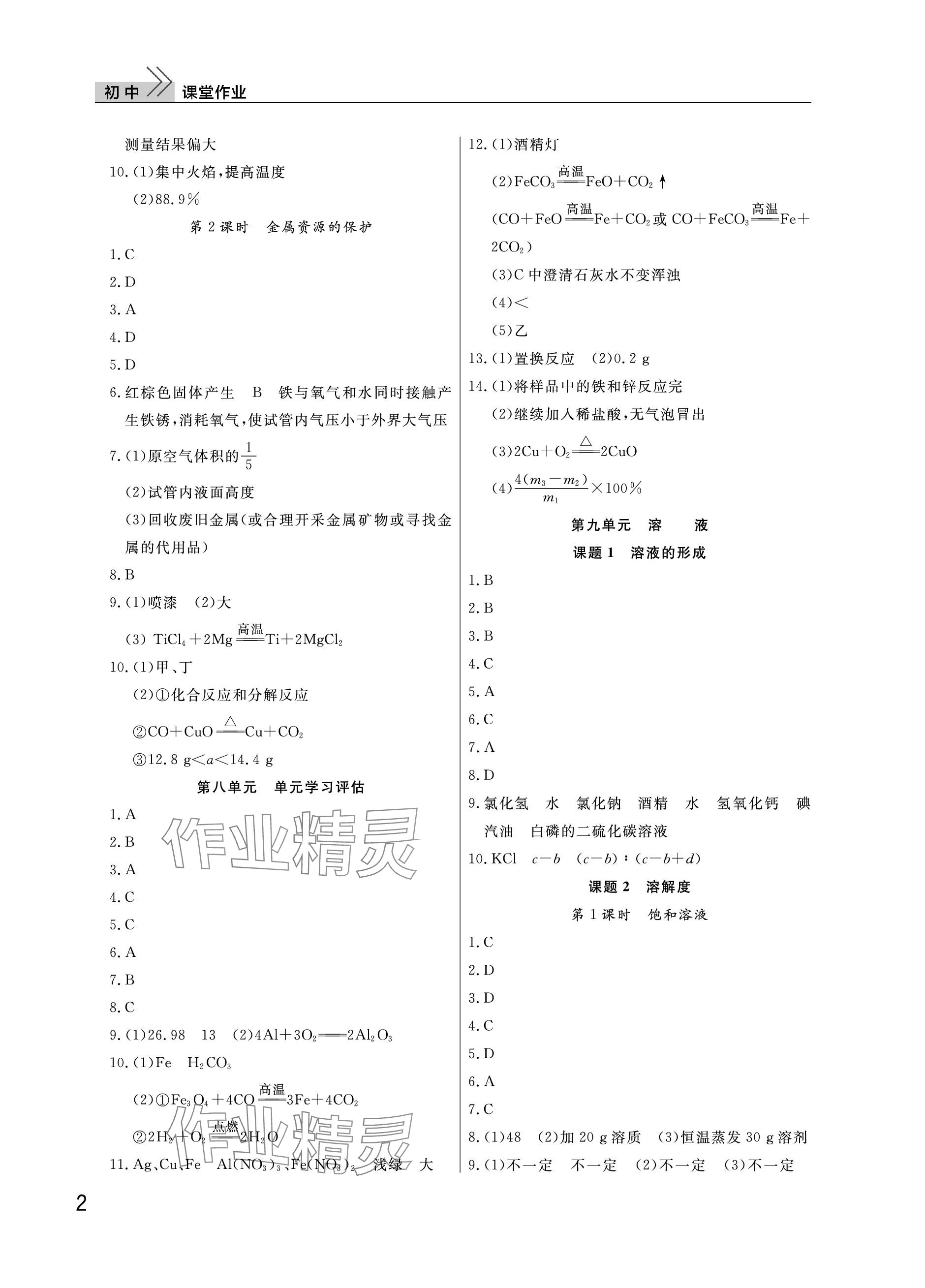 2024年課堂作業(yè)九年級(jí)化學(xué)下冊(cè)人教版武漢出版社 參考答案第2頁