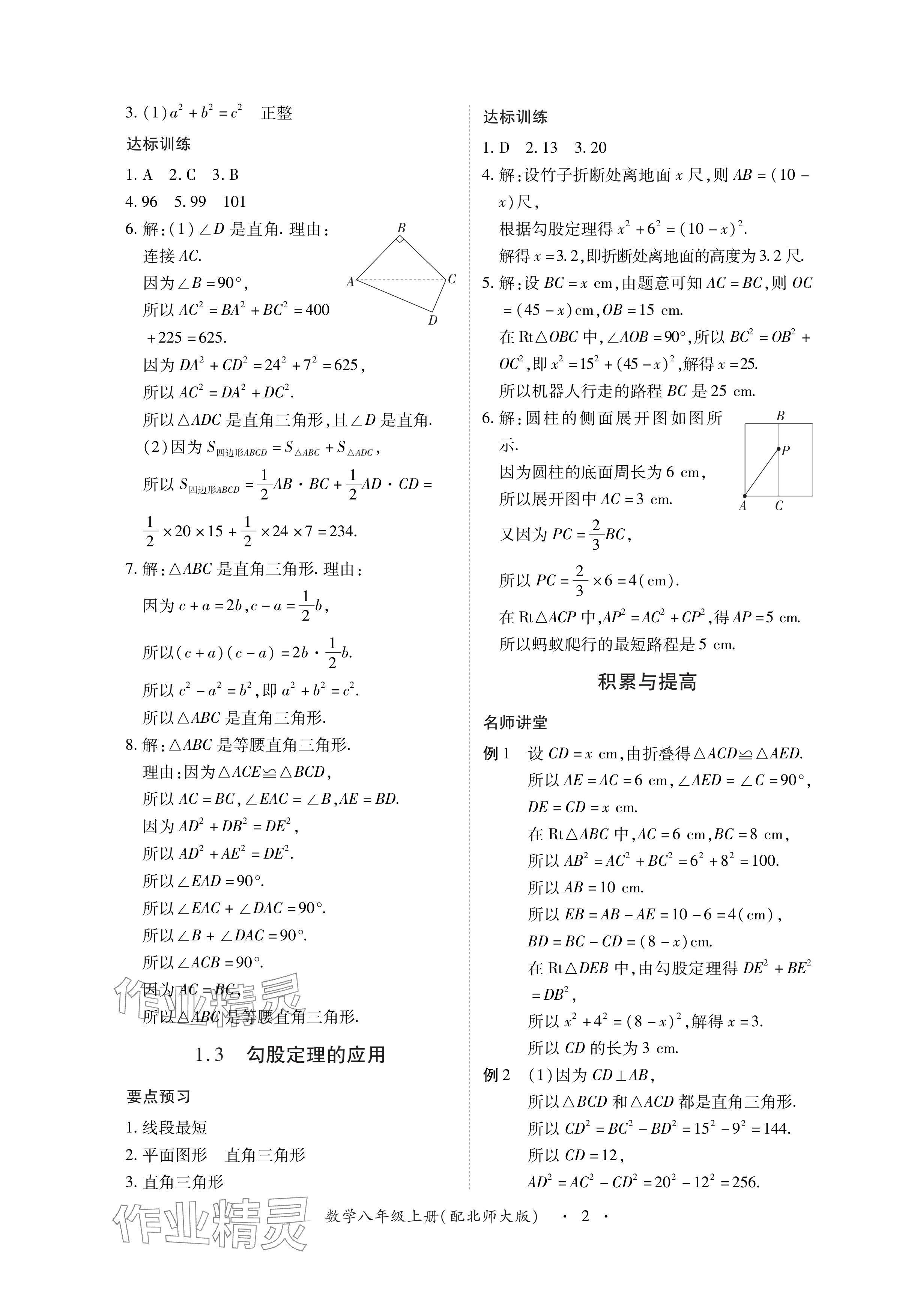 2024年一課一練創(chuàng)新練習八年級數(shù)學上冊北師大版 參考答案第2頁