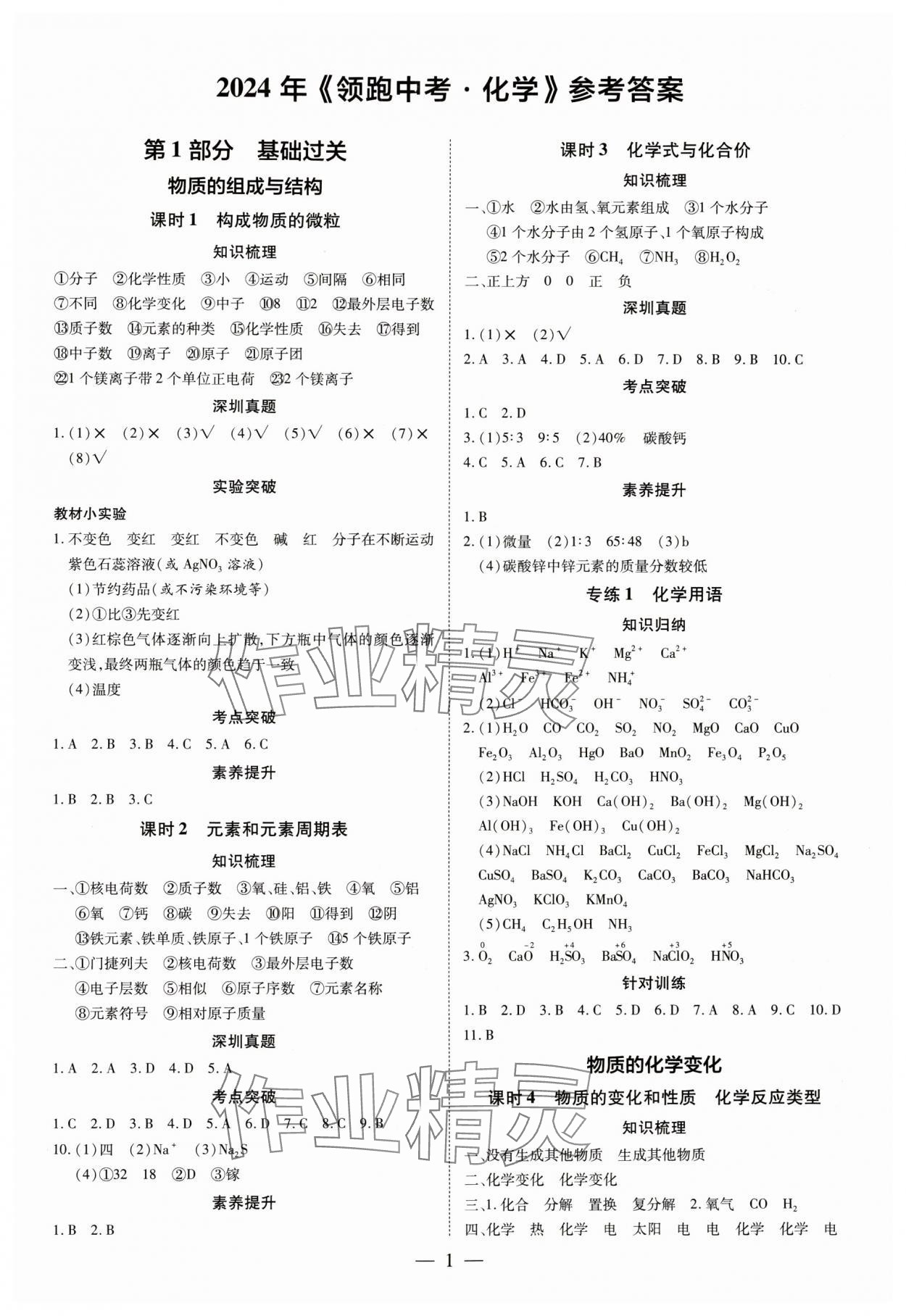 2024年領(lǐng)跑中考化學深圳專版 第1頁