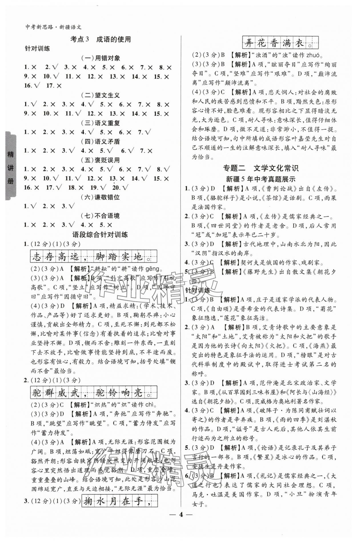 2024年中考新思路语文新疆专版 参考答案第3页