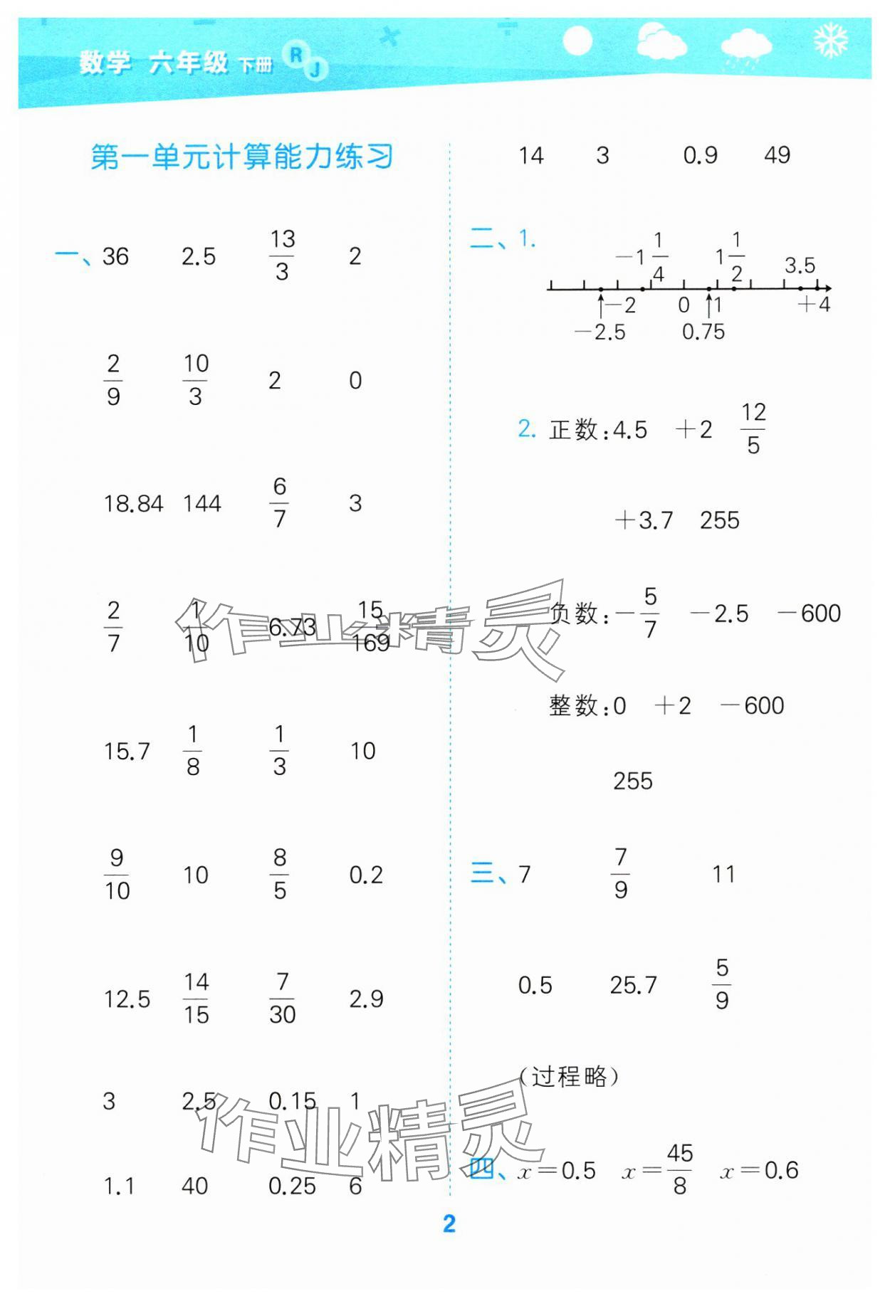 2024年口算大通关六年级数学下册人教版 参考答案第2页