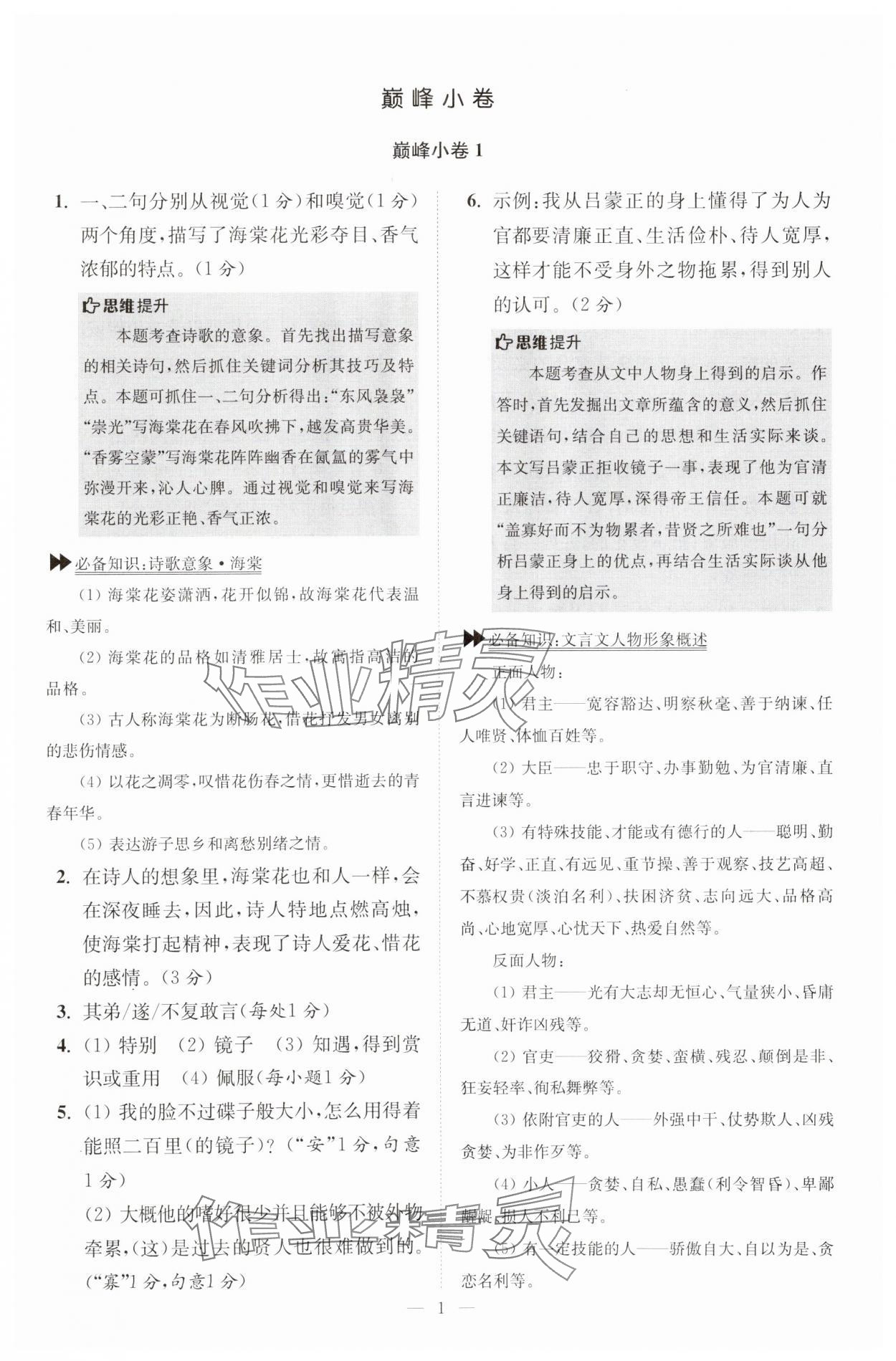 2024年小题狂做七年级语文下册人教版巅峰版 参考答案第1页