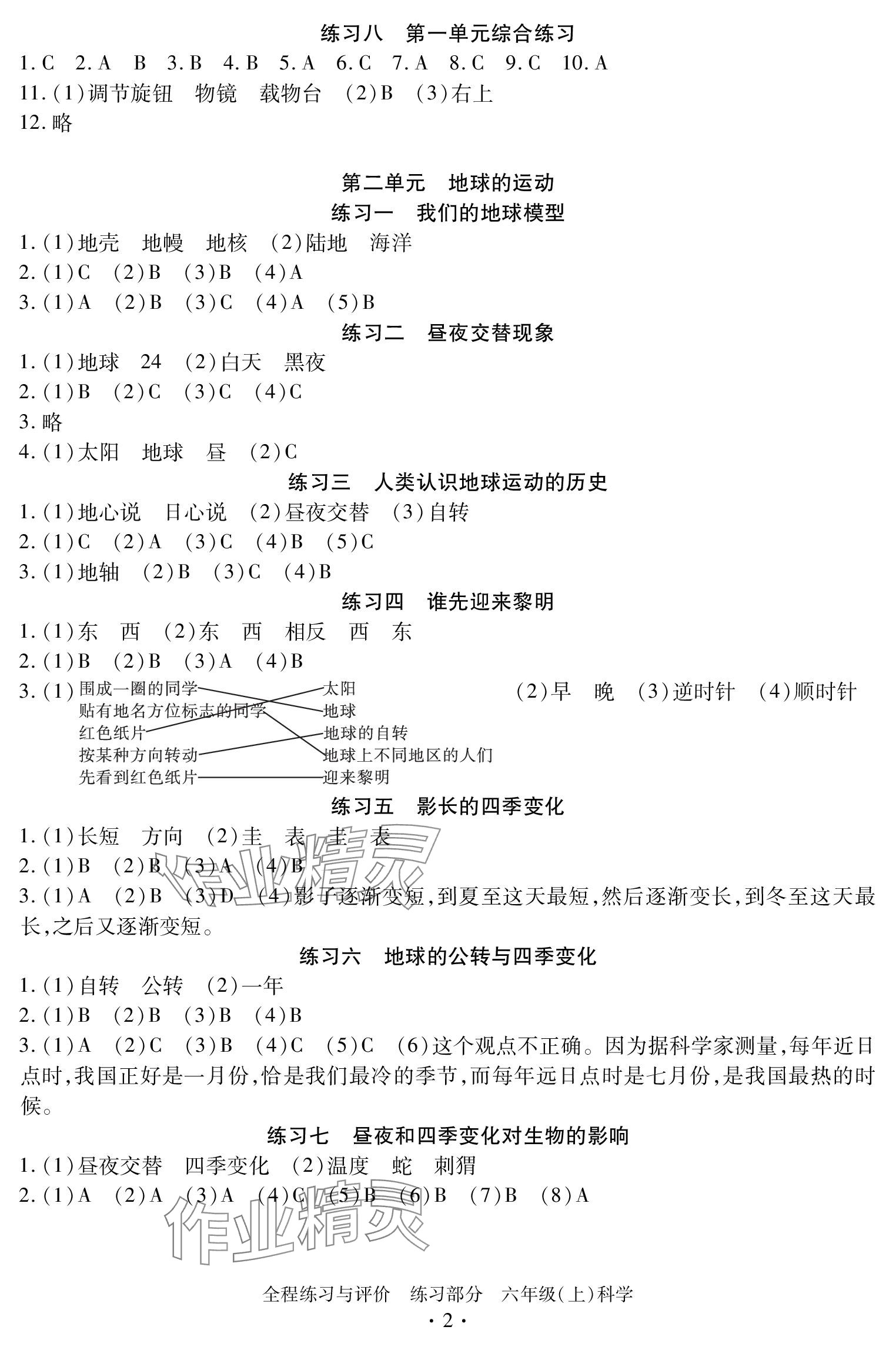 2023年全程練習(xí)與評價六年級科學(xué)上冊教科版 參考答案第2頁