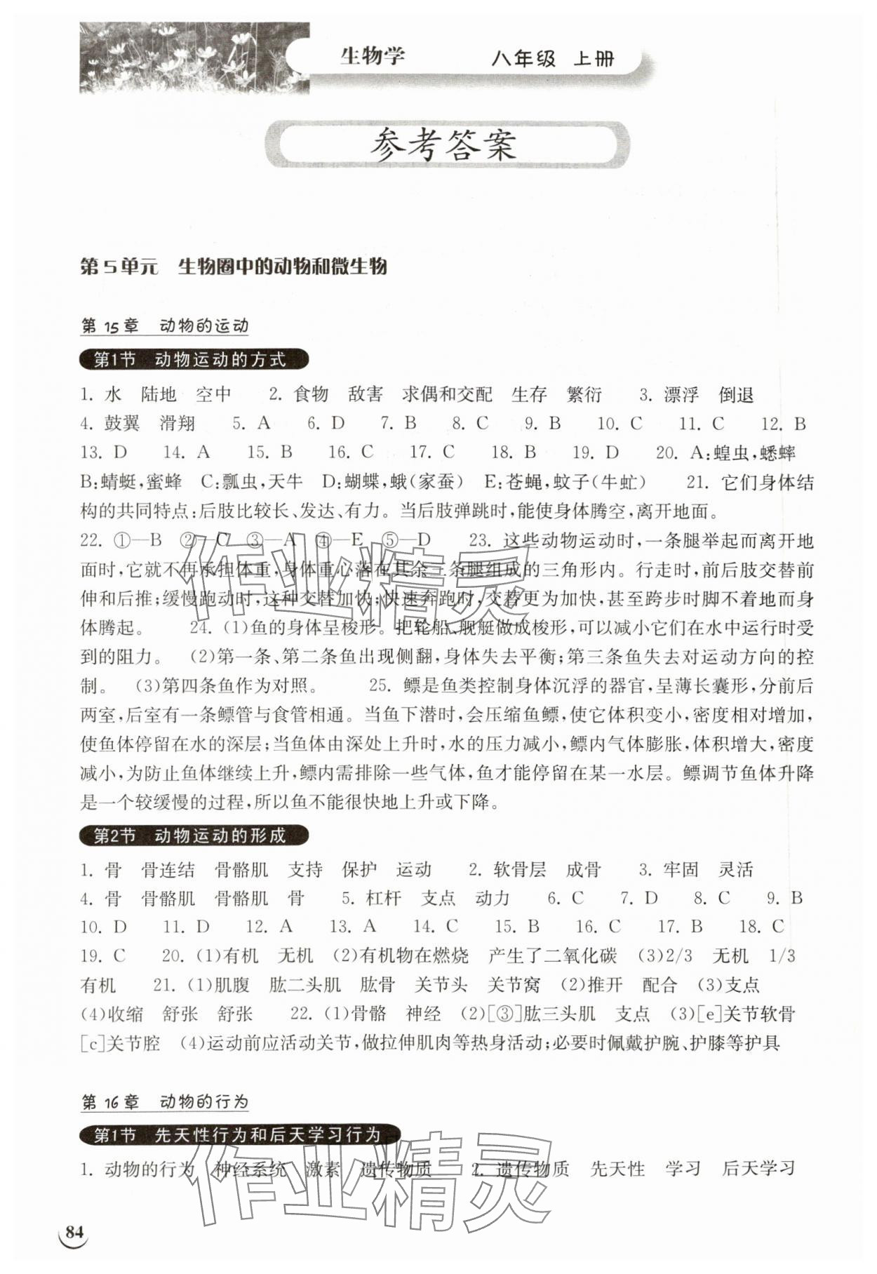 2023年長江作業(yè)本同步練習冊八年級生物上冊北師大版 參考答案第1頁