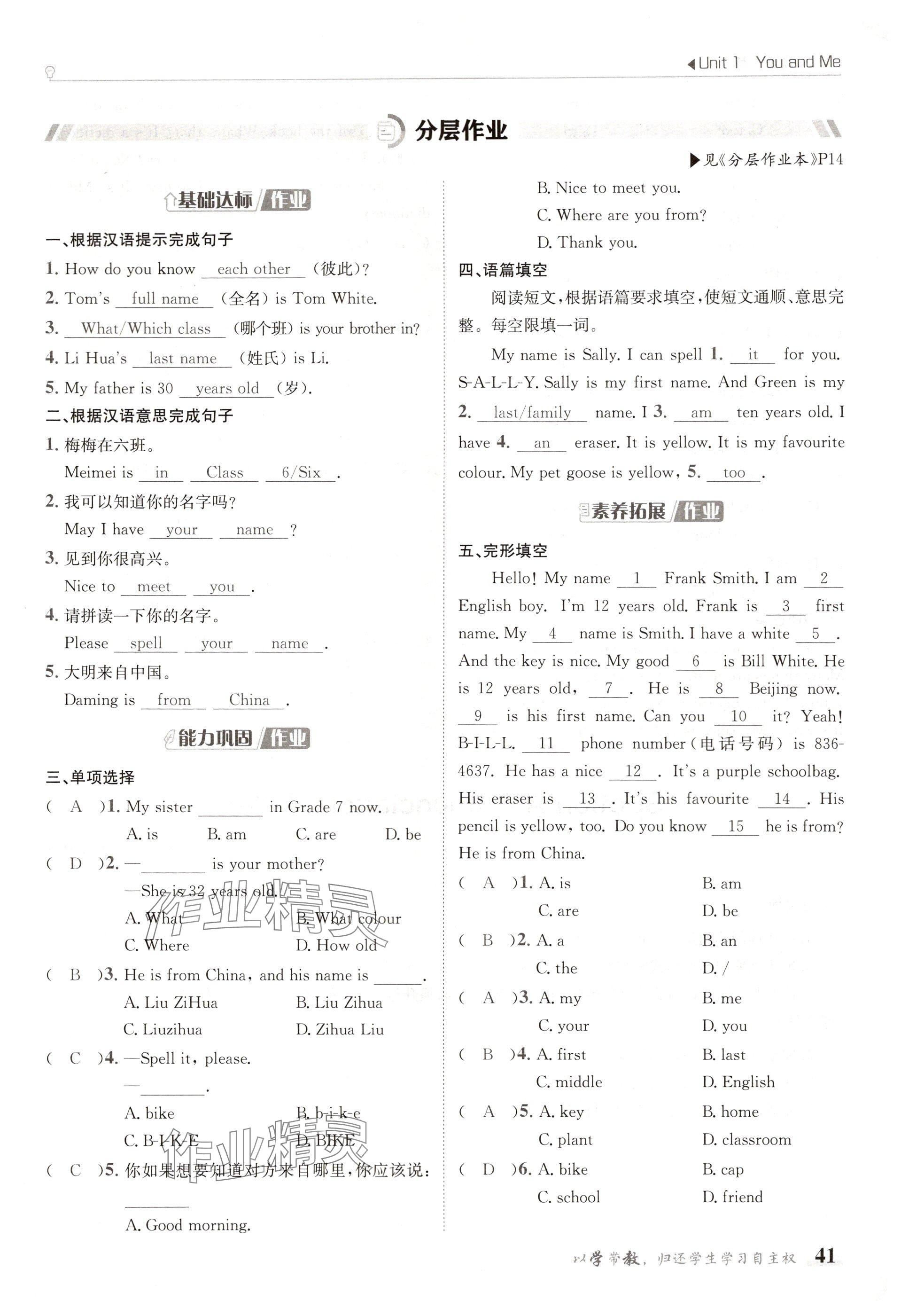 2024年金太陽導學案七年級英語上冊人教版 參考答案第41頁