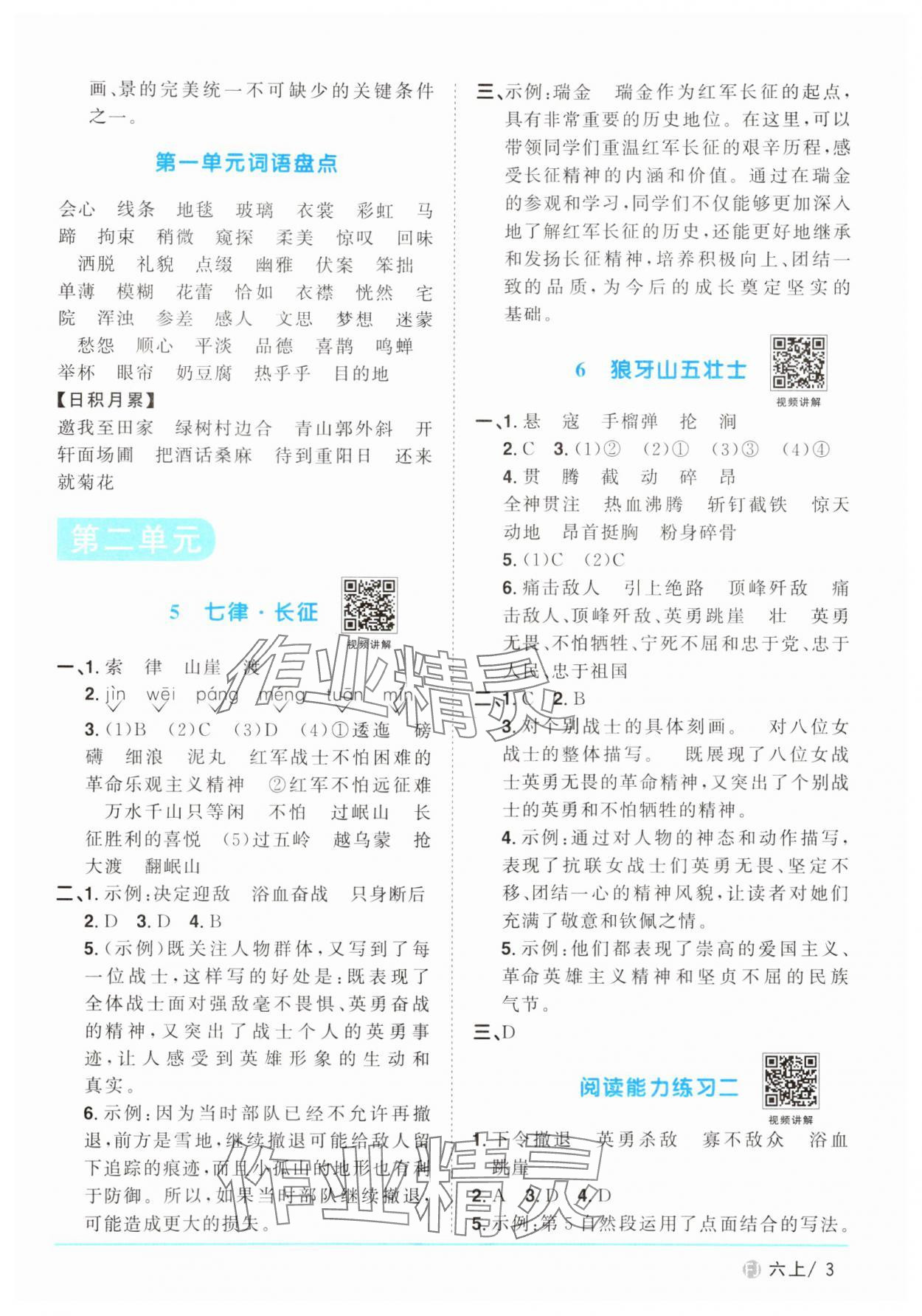 2024年陽光同學課時優(yōu)化作業(yè)六年級語文上冊人教版福建專版 參考答案第3頁