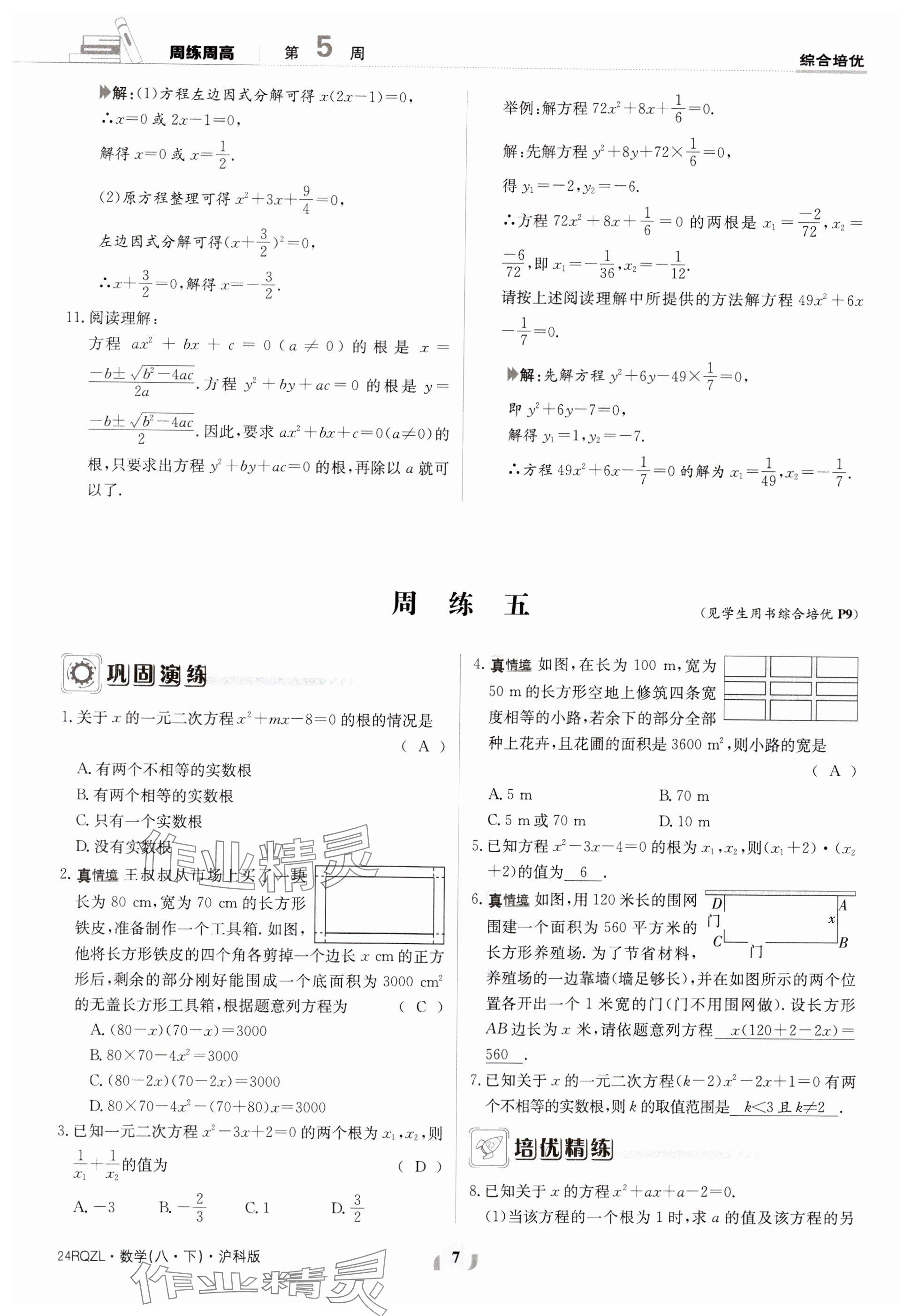 2024年日清周练八年级数学下册沪科版 参考答案第7页
