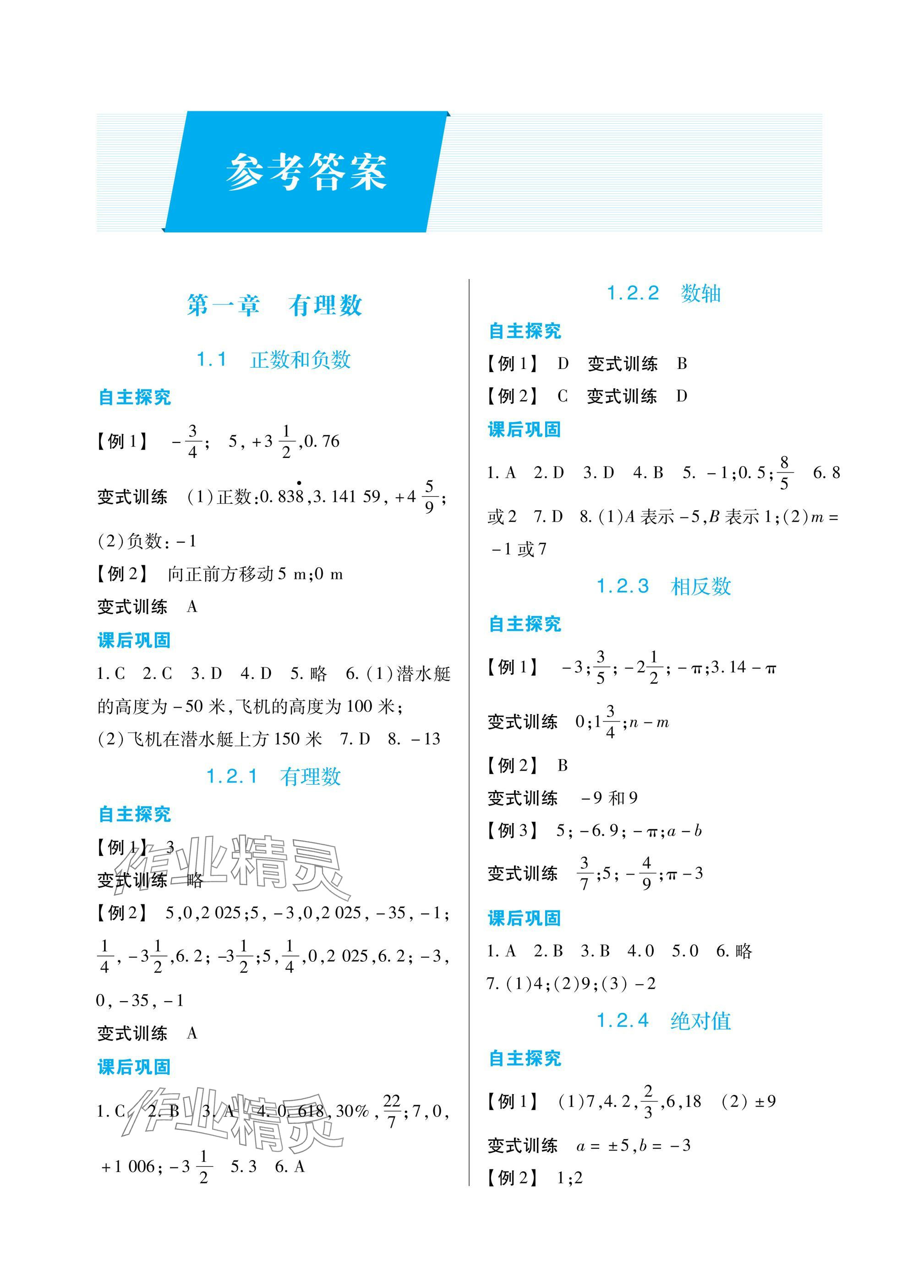 2024年學(xué)習(xí)指要七年級數(shù)學(xué)上冊人教版 參考答案第1頁