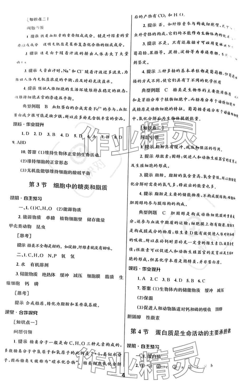 2023年同步练习册人民教育出版社高中生物必修1人教版 参考答案第4页