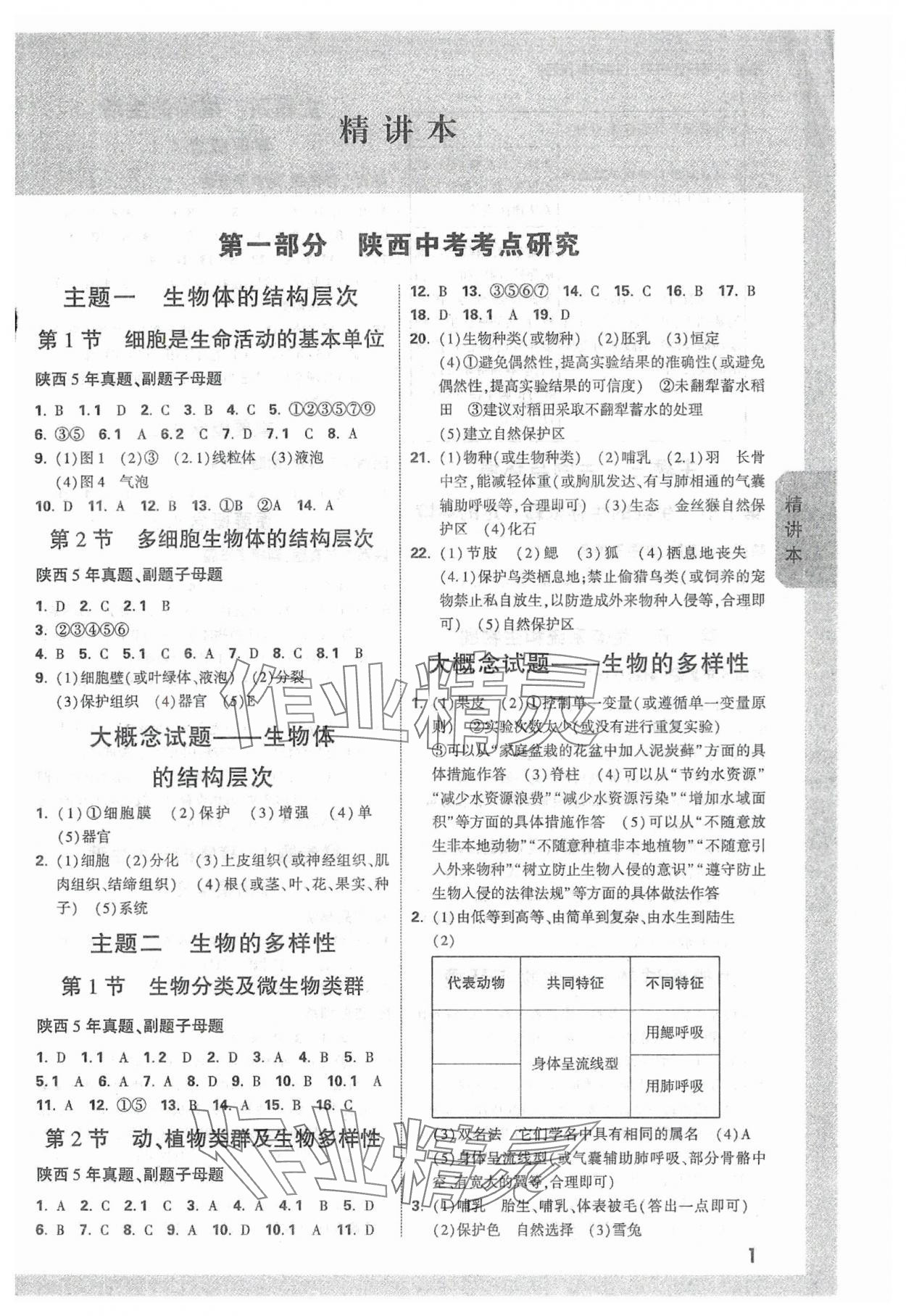 2024年萬唯中考試題研究八年級(jí)生物全一冊(cè)人教版陜西專版 參考答案第1頁