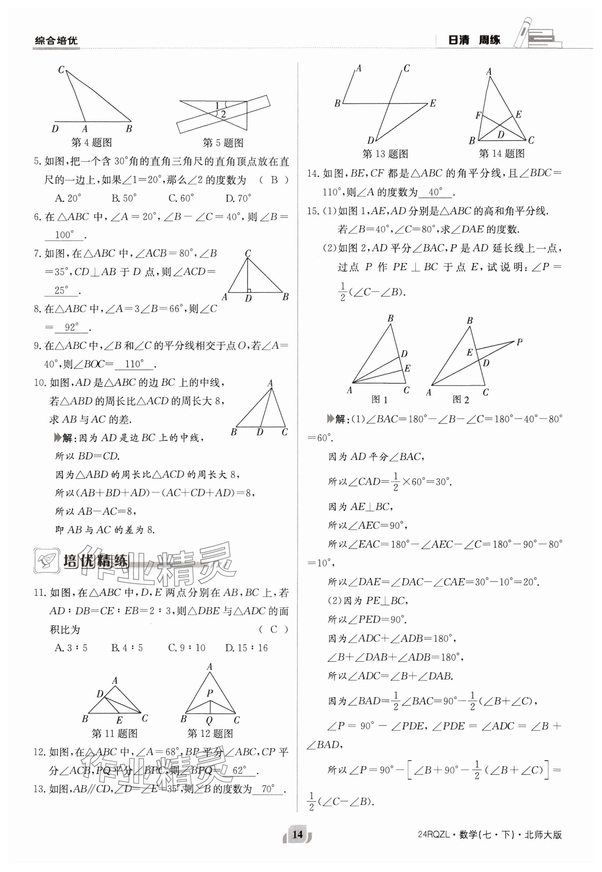 2024年日清周练七年级数学下册北师大版 参考答案第14页