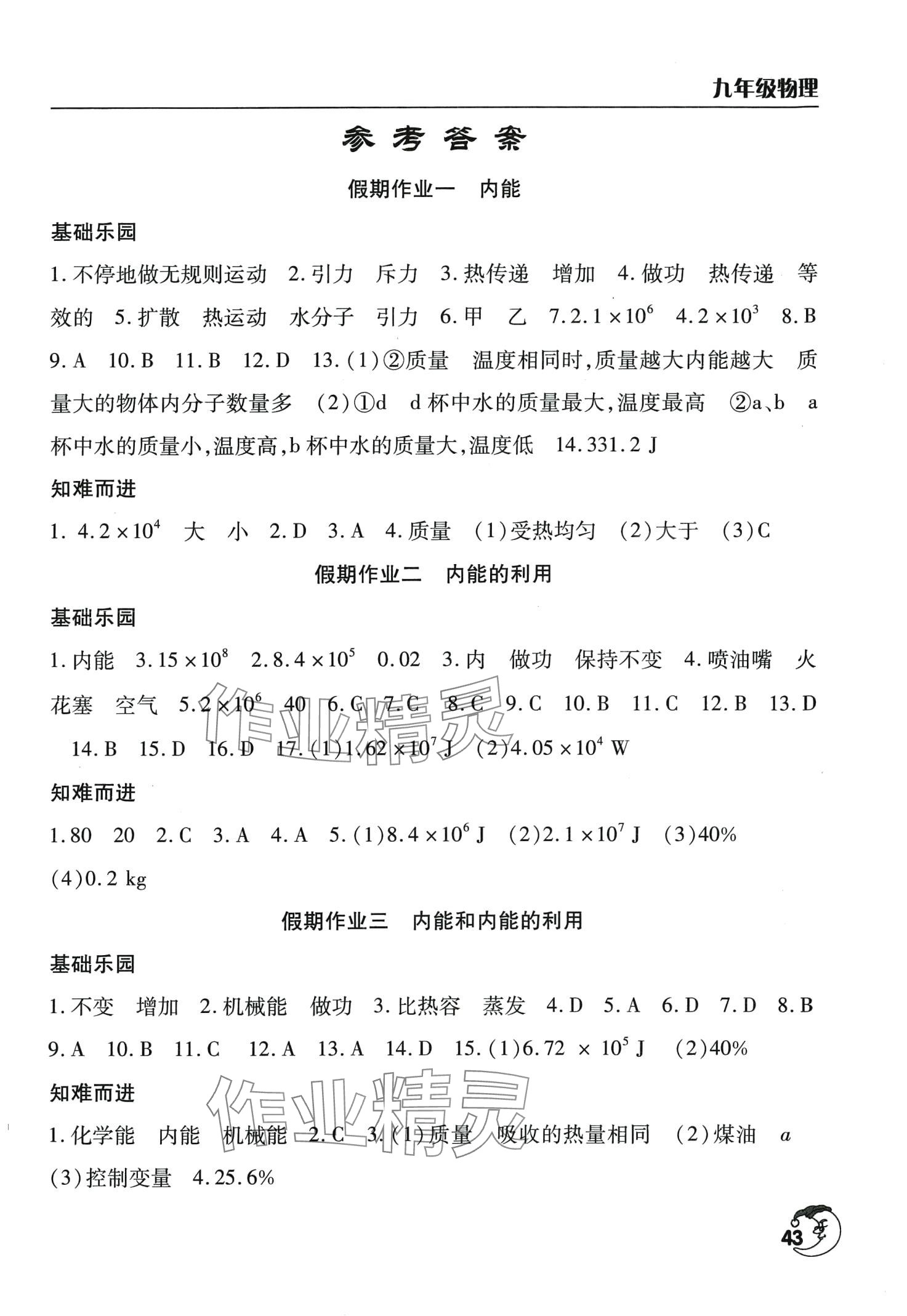 2024年寒假作业天天练文心出版社九年级物理 第1页