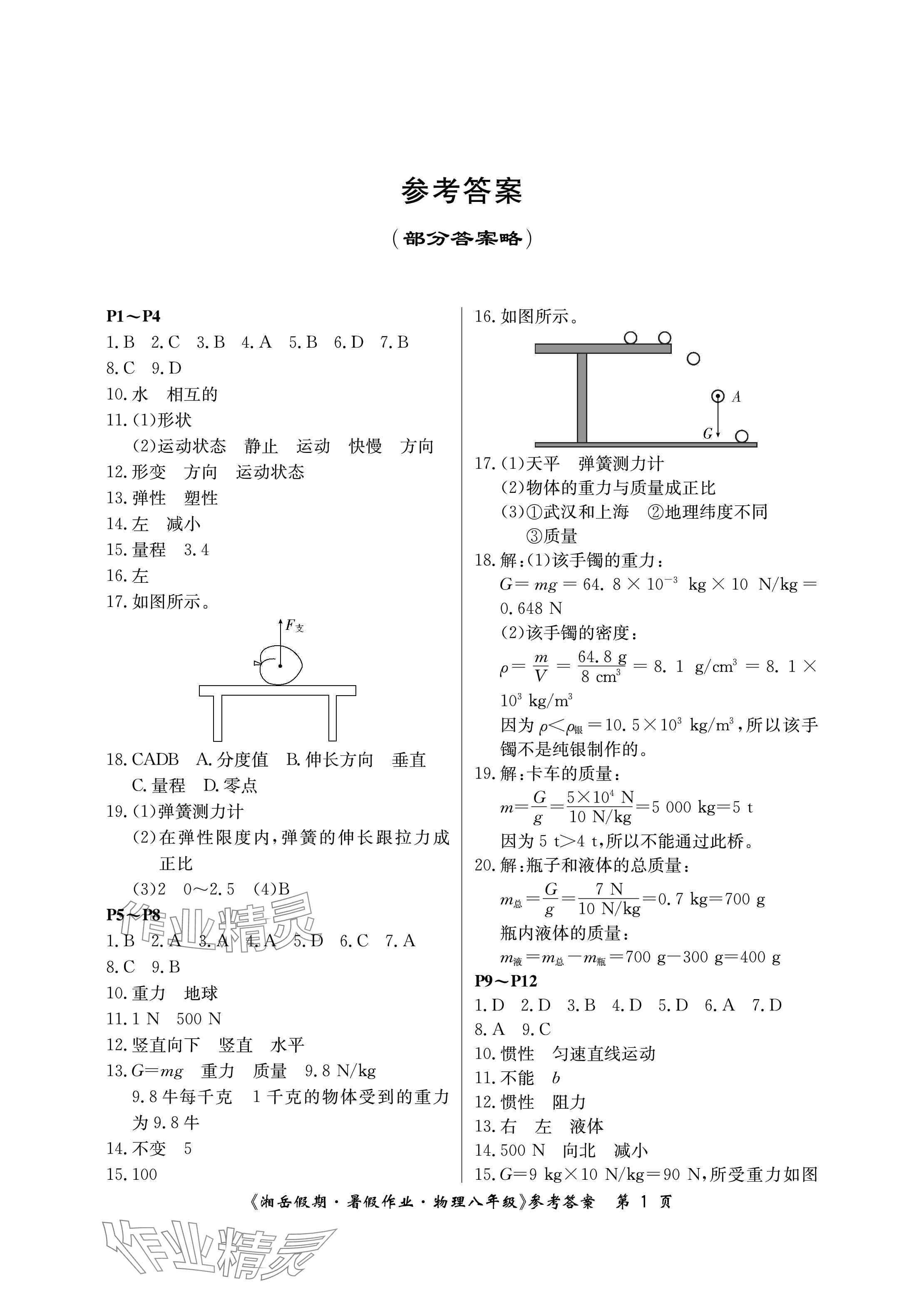 2024年湘岳假期暑假作業(yè)八年級物理人教版 參考答案第1頁