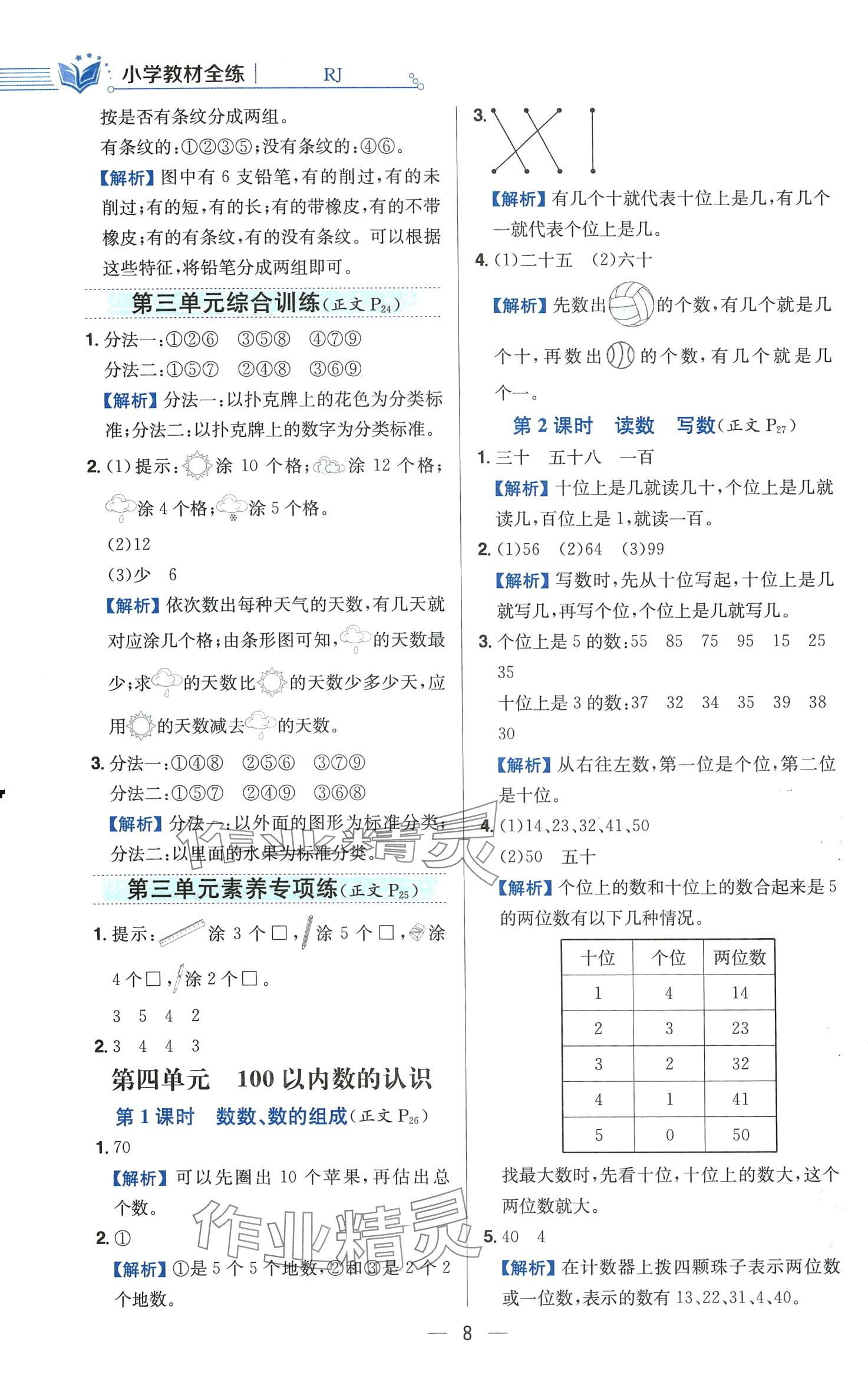 2024年教材全练一年级数学下册人教版天津专版 第8页