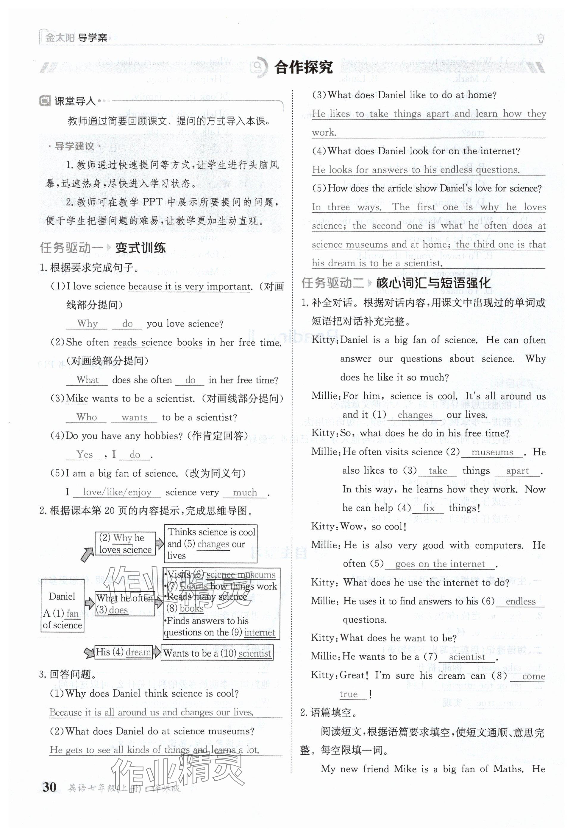 2024年金太陽導學案七年級英語上冊譯林版 參考答案第30頁