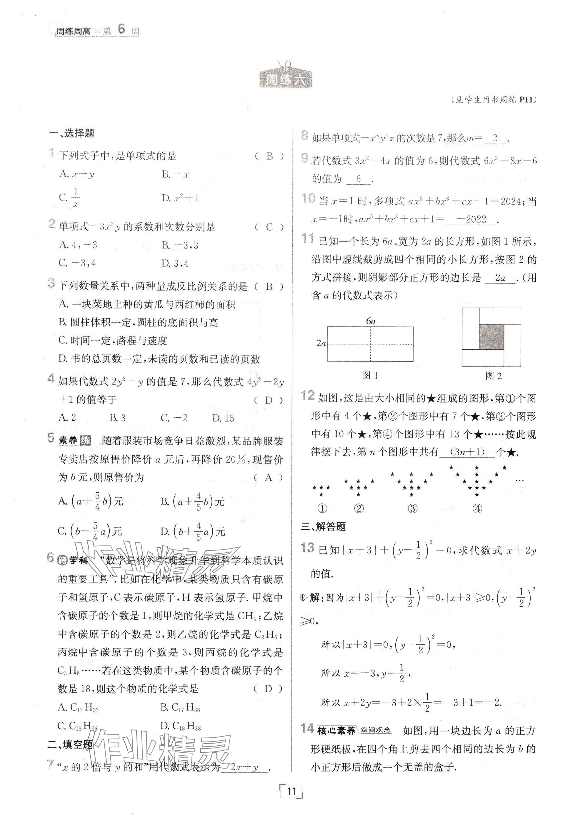 2024年日清周練七年級數(shù)學(xué)上冊人教版 參考答案第11頁