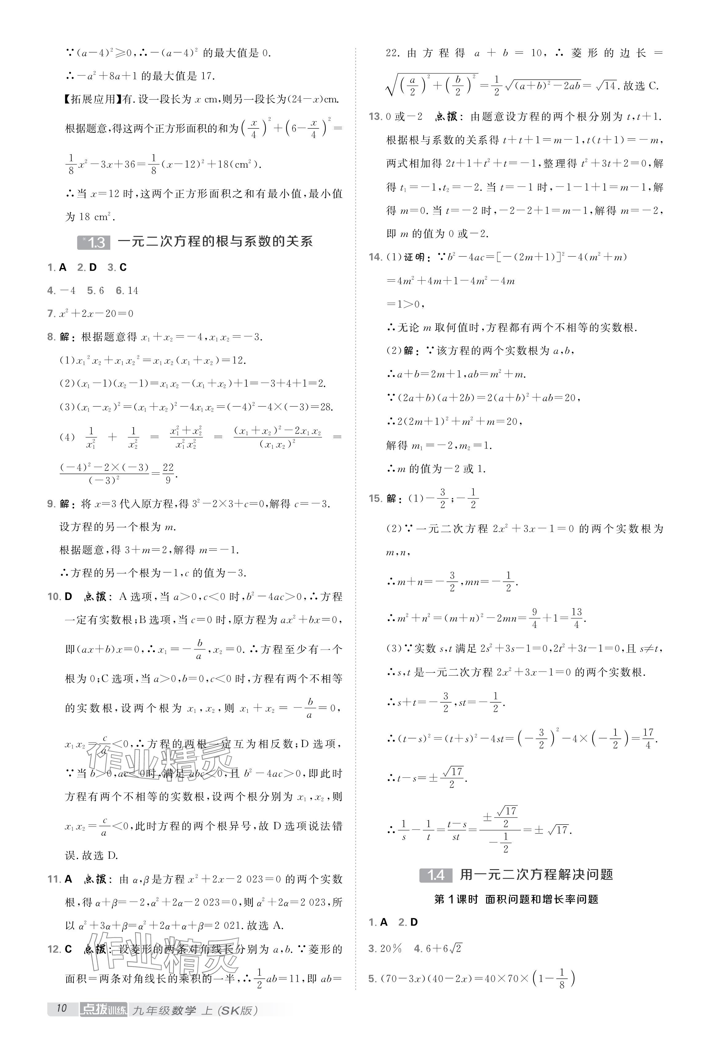 2024年點撥訓練九年級數(shù)學上冊蘇科版 參考答案第9頁