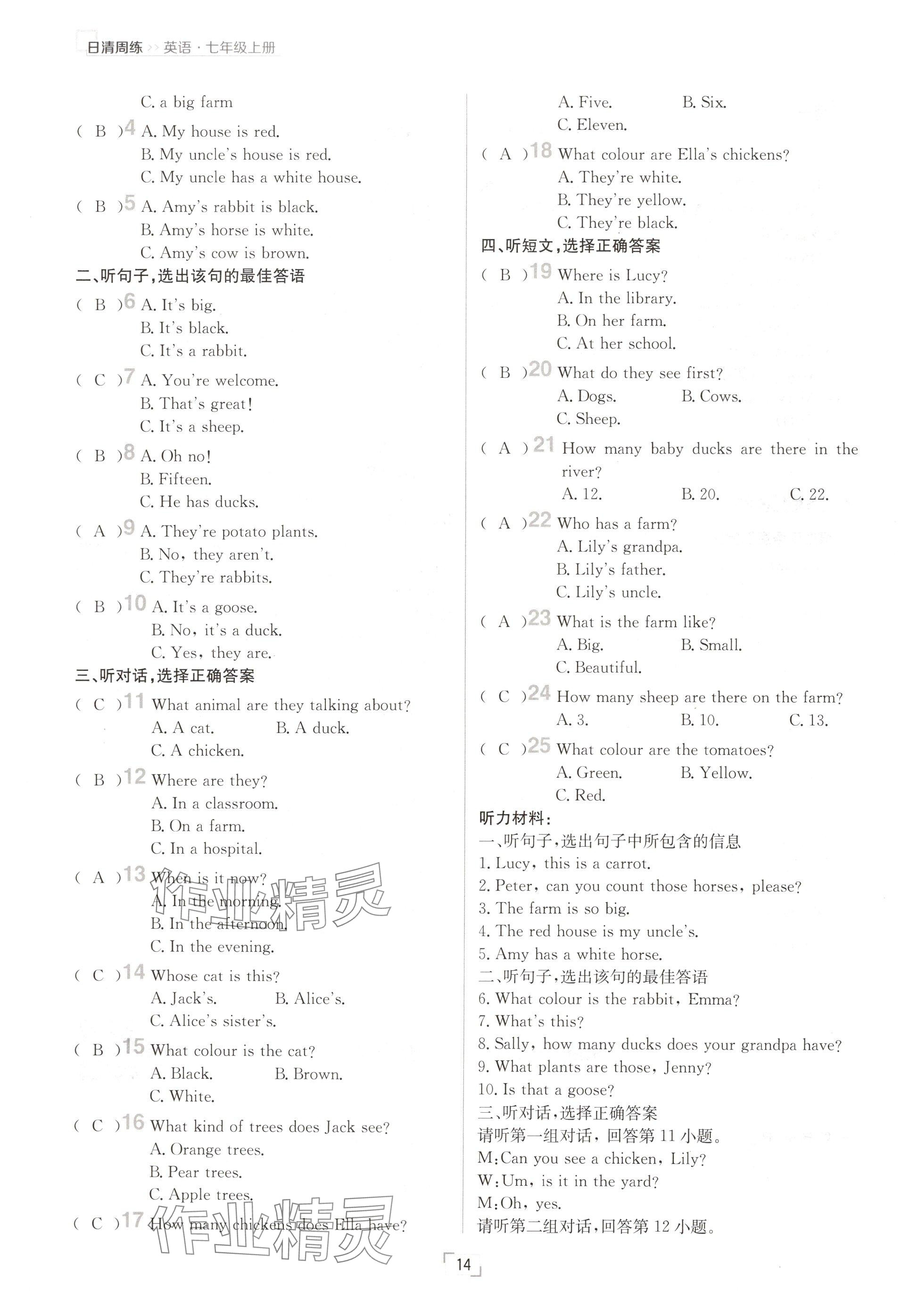 2024年日清周練七年級英語上冊人教版 參考答案第14頁