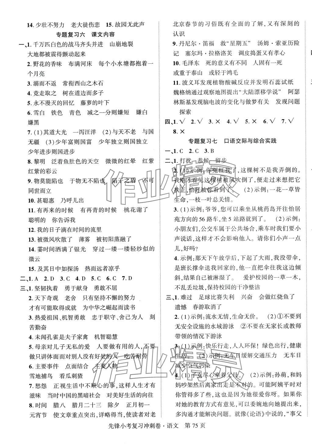 2024年先锋小考复习冲刺卷六年级语文人教版 参考答案第3页