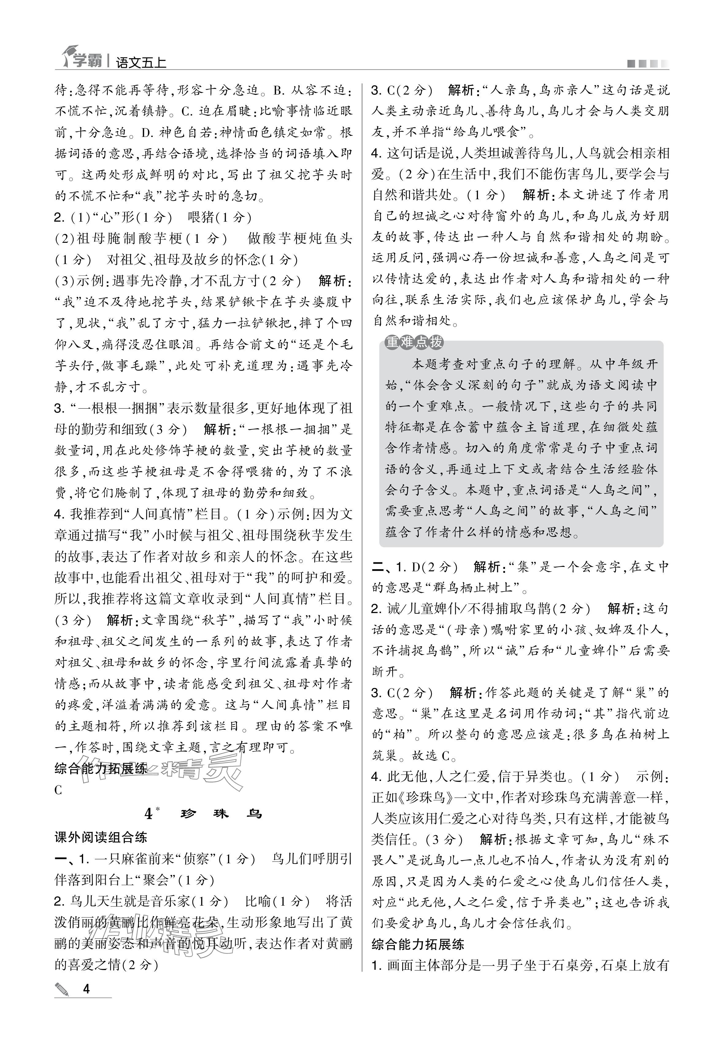 2024年學(xué)霸甘肅少年兒童出版社五年級語文上冊人教版 參考答案第4頁