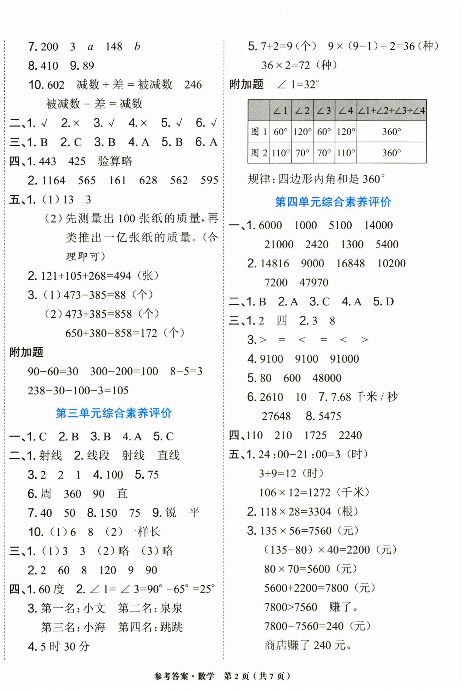 2024年金牌大考卷四年级数学上册西师大版 参考答案第2页