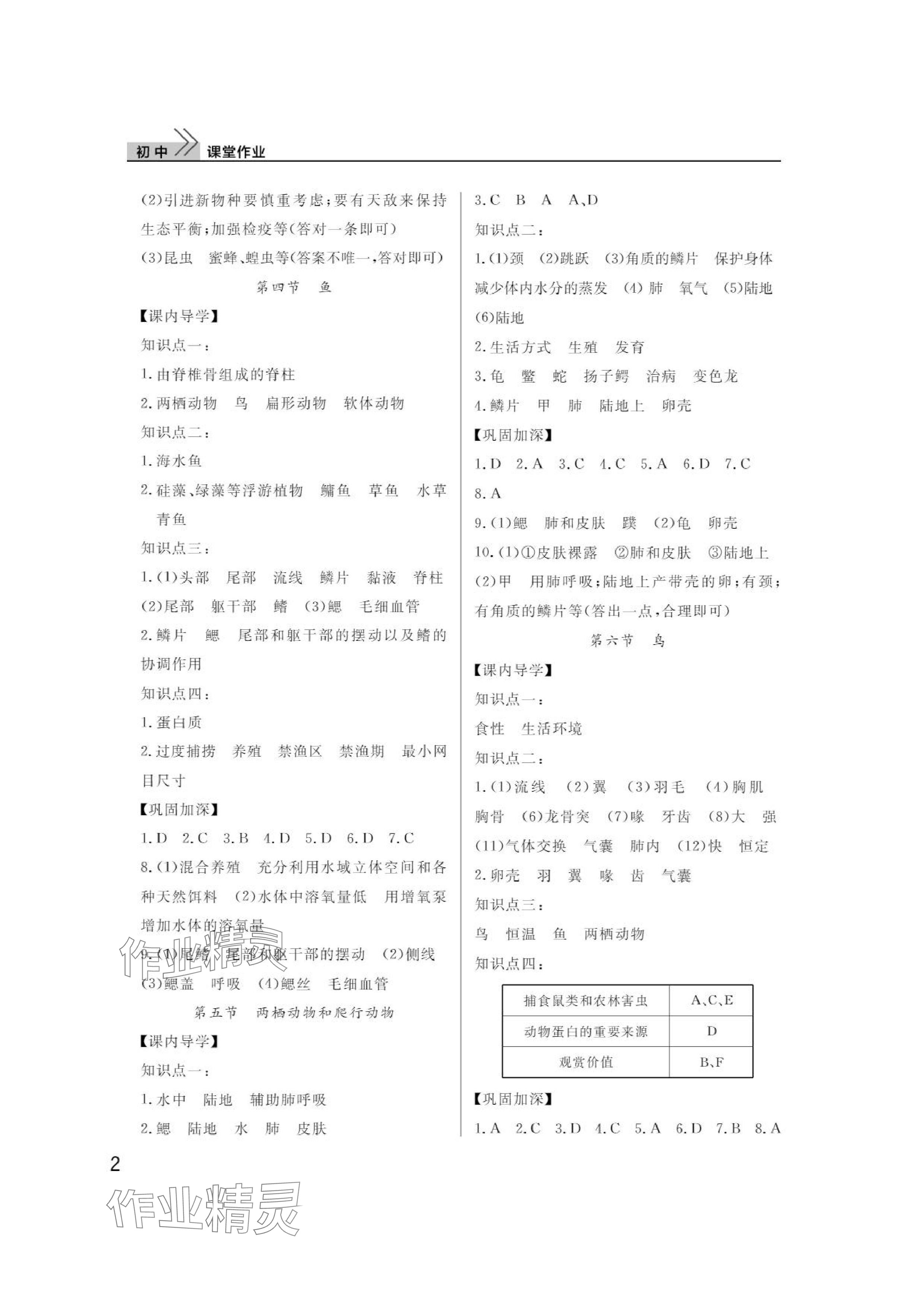 2024年課堂作業(yè)八年級生物上冊人教版武漢出版社 參考答案第2頁