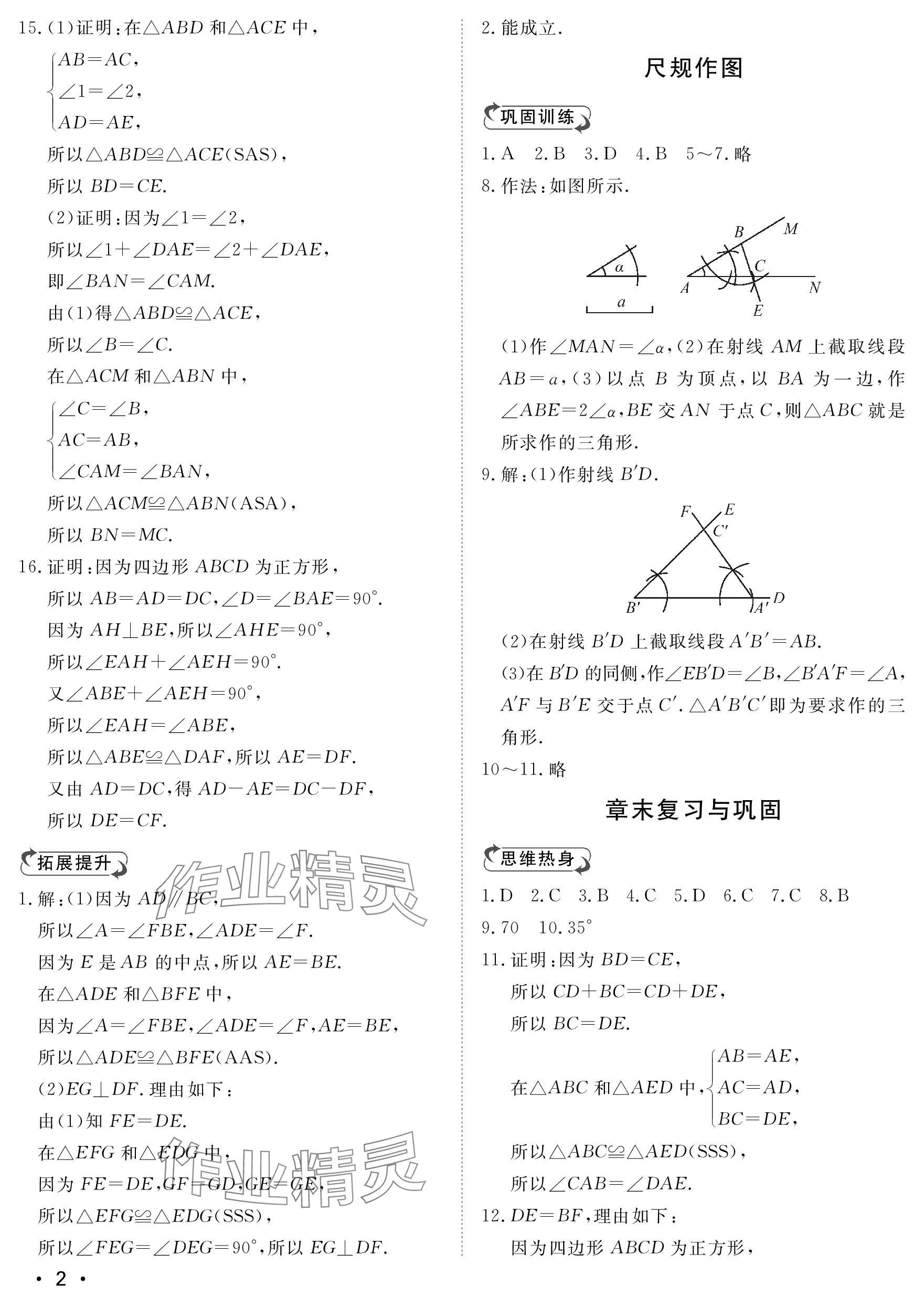 2023年行知天下八年级数学上册青岛版 参考答案第2页