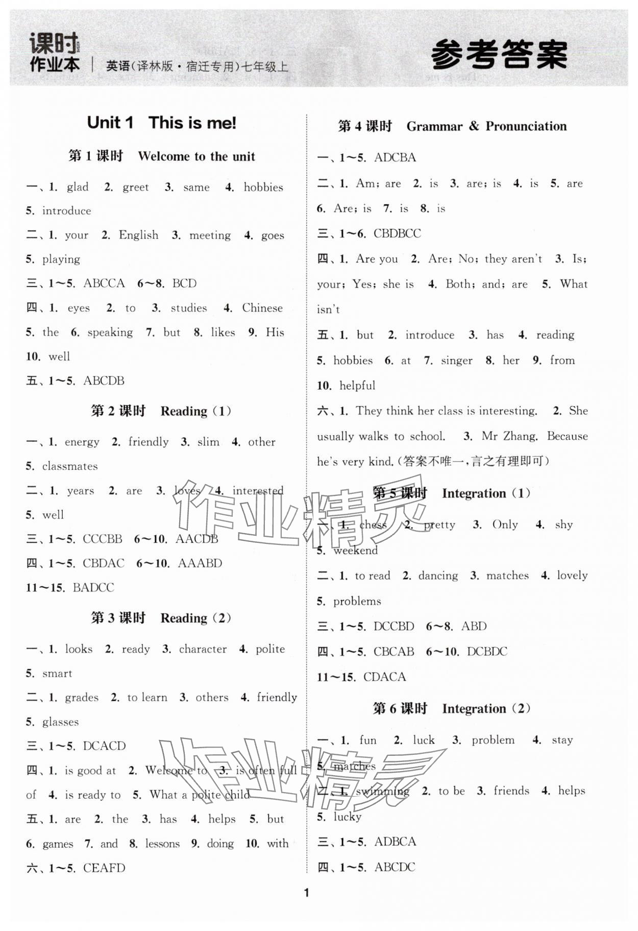 2024年通城学典课时作业本七年级英语上册译林版宿迁专用 第1页