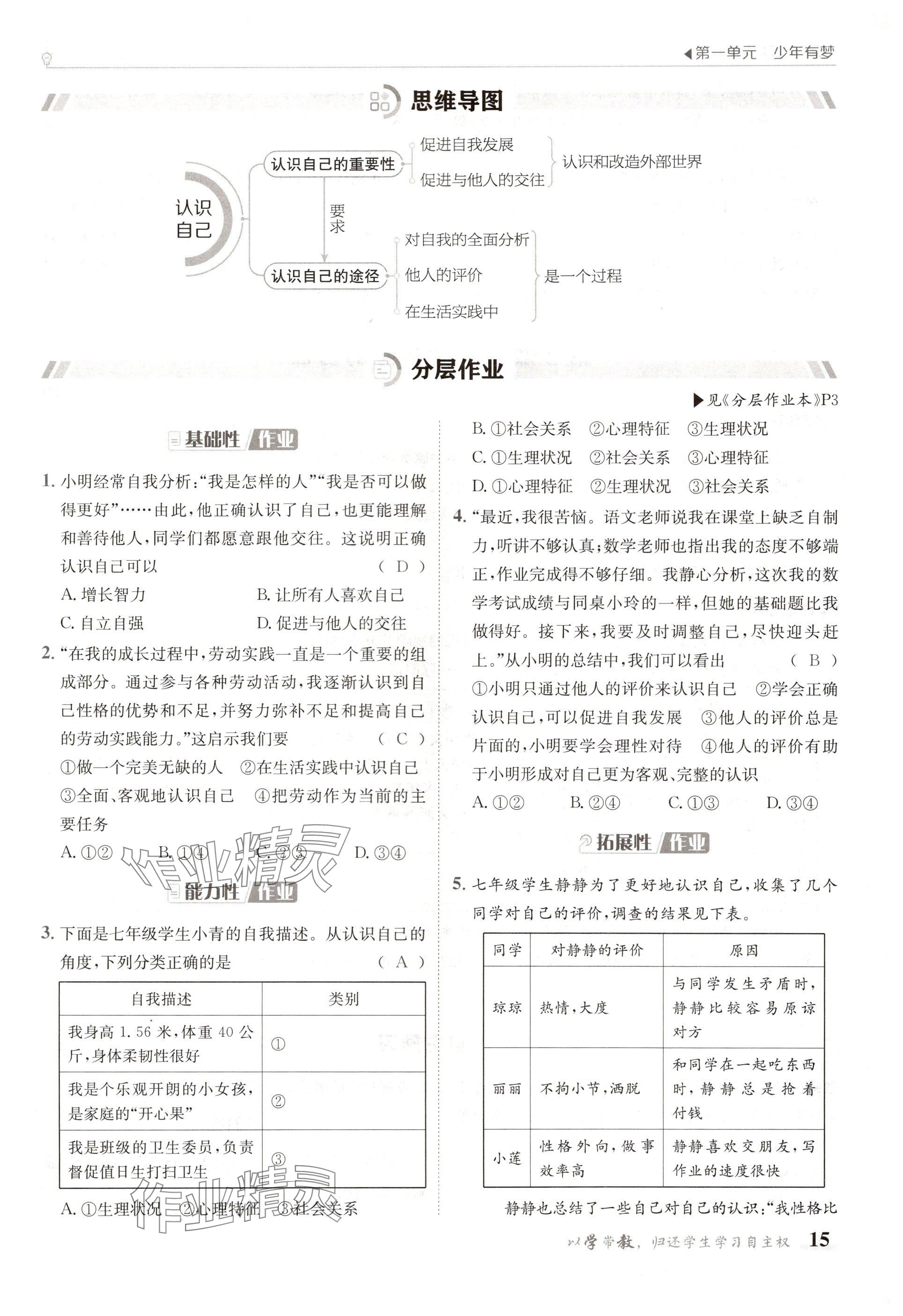 2024年金太阳导学案七年级道德与法治上册人教版 参考答案第15页