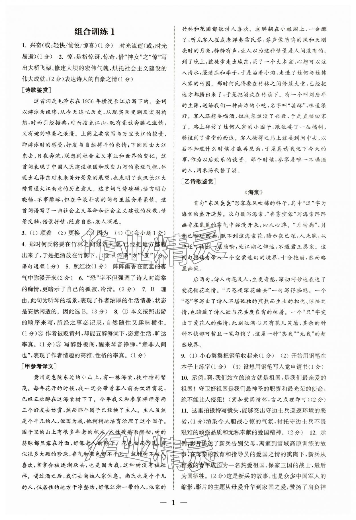 2024年通城學典初中語文閱讀組合訓練八年級語文下冊人教版江蘇專版 參考答案第1頁