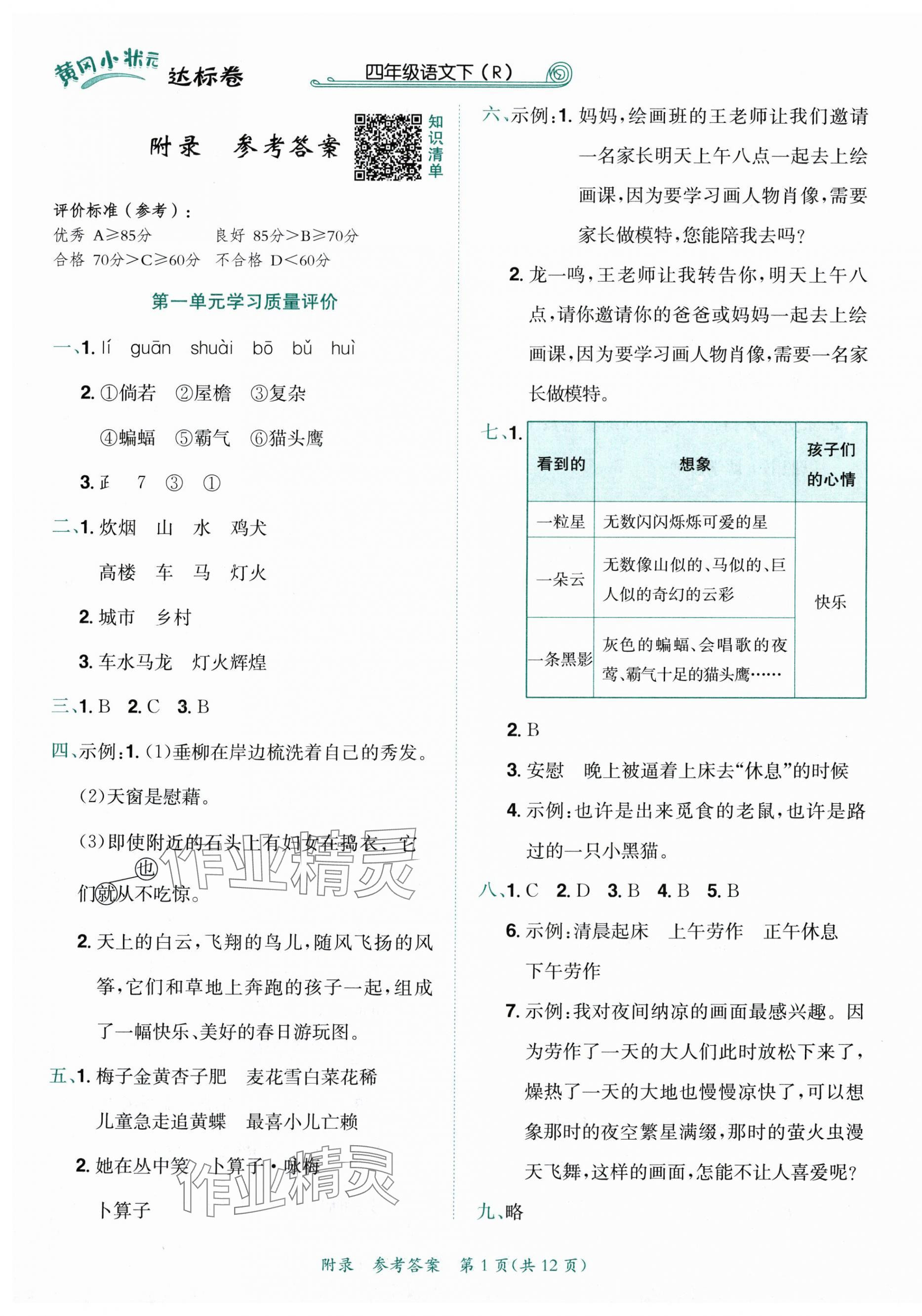 2024年黃岡小狀元達標卷四年級語文下冊人教版 第1頁