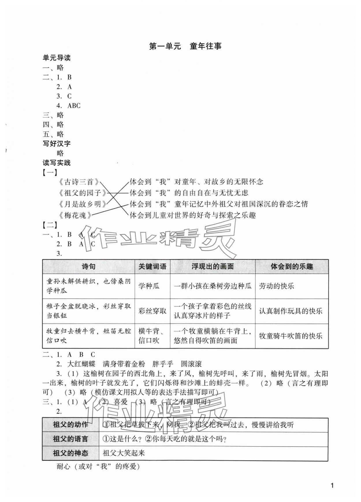 2024年阳光学业评价五年级语文下册人教版 参考答案第1页