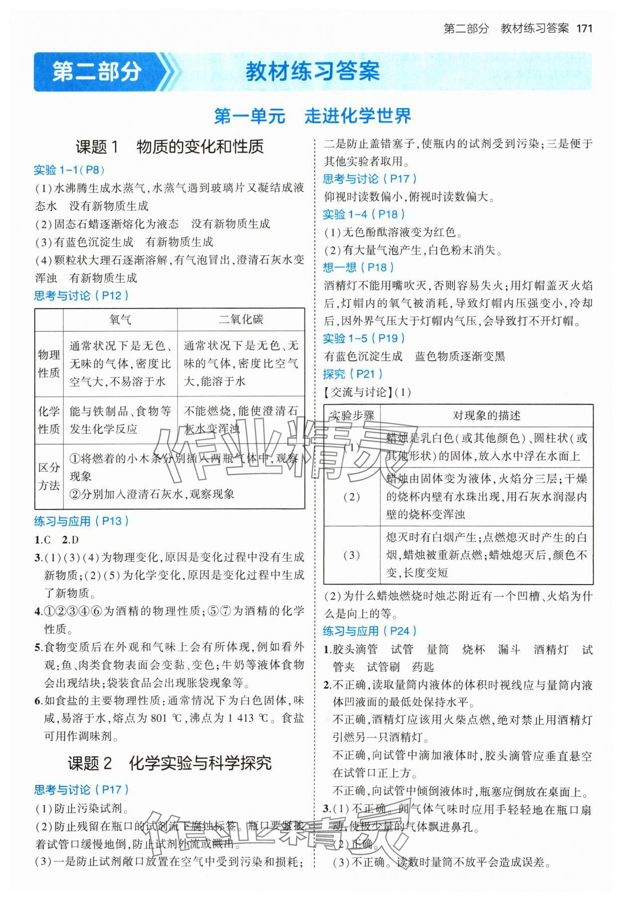 2024年教材课本九年级化学上册人教版 参考答案第1页