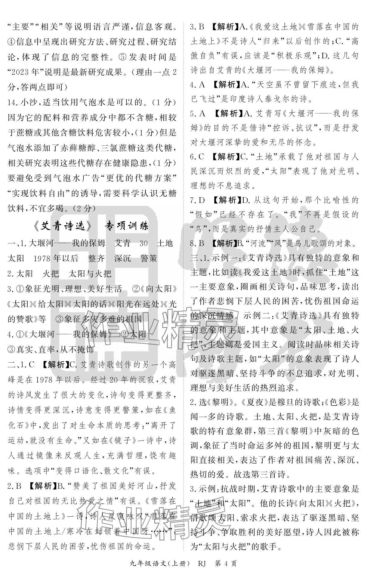 2024年启航新课堂九年级语文上册人教版 参考答案第4页