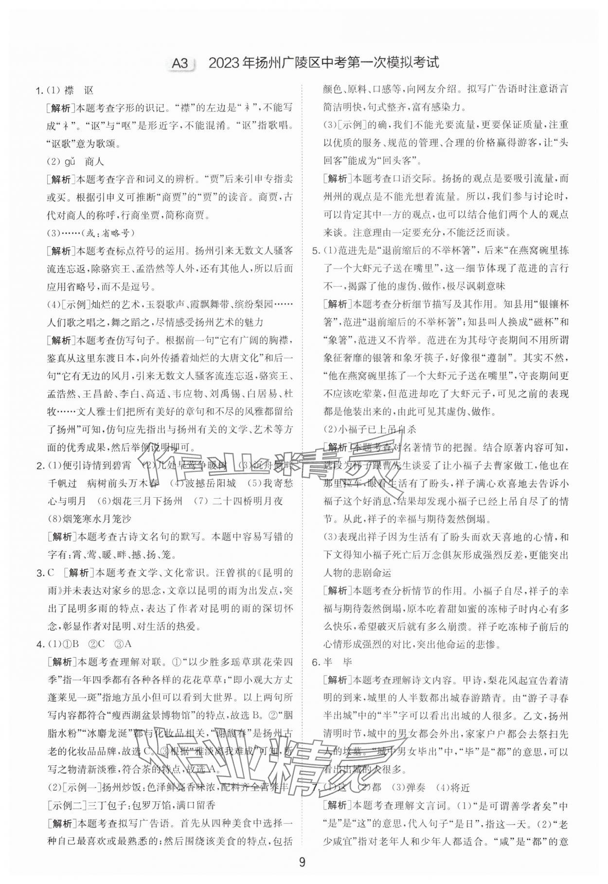 2024年制胜金卷中考语文扬州专版 参考答案第9页
