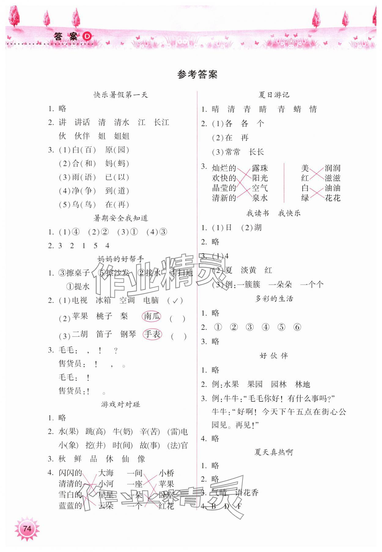 2024年暑假作业本小学一年级天天练语文晋城专版A希望出版社 参考答案第1页