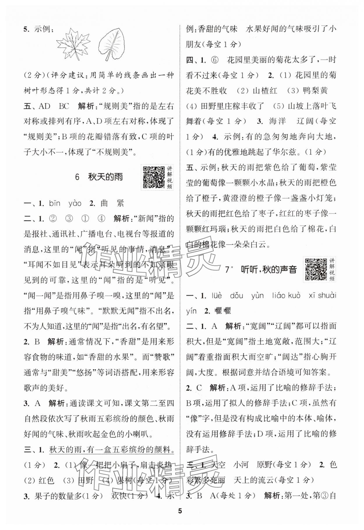 2024年拔尖特训三年级语文上册人教版江苏专版 参考答案第5页