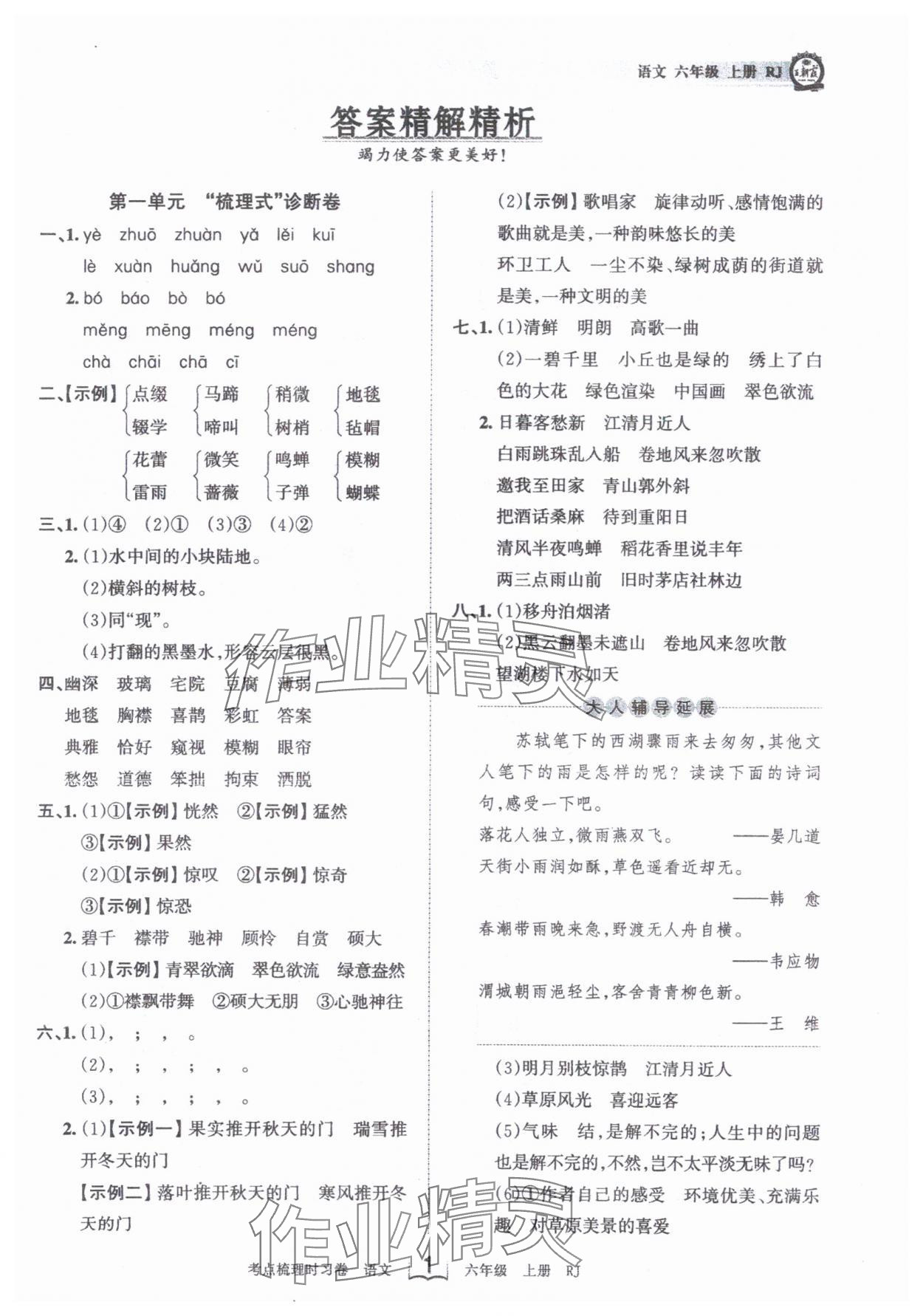 2024年王朝霞考点梳理时习卷六年级语文上册人教版 第1页