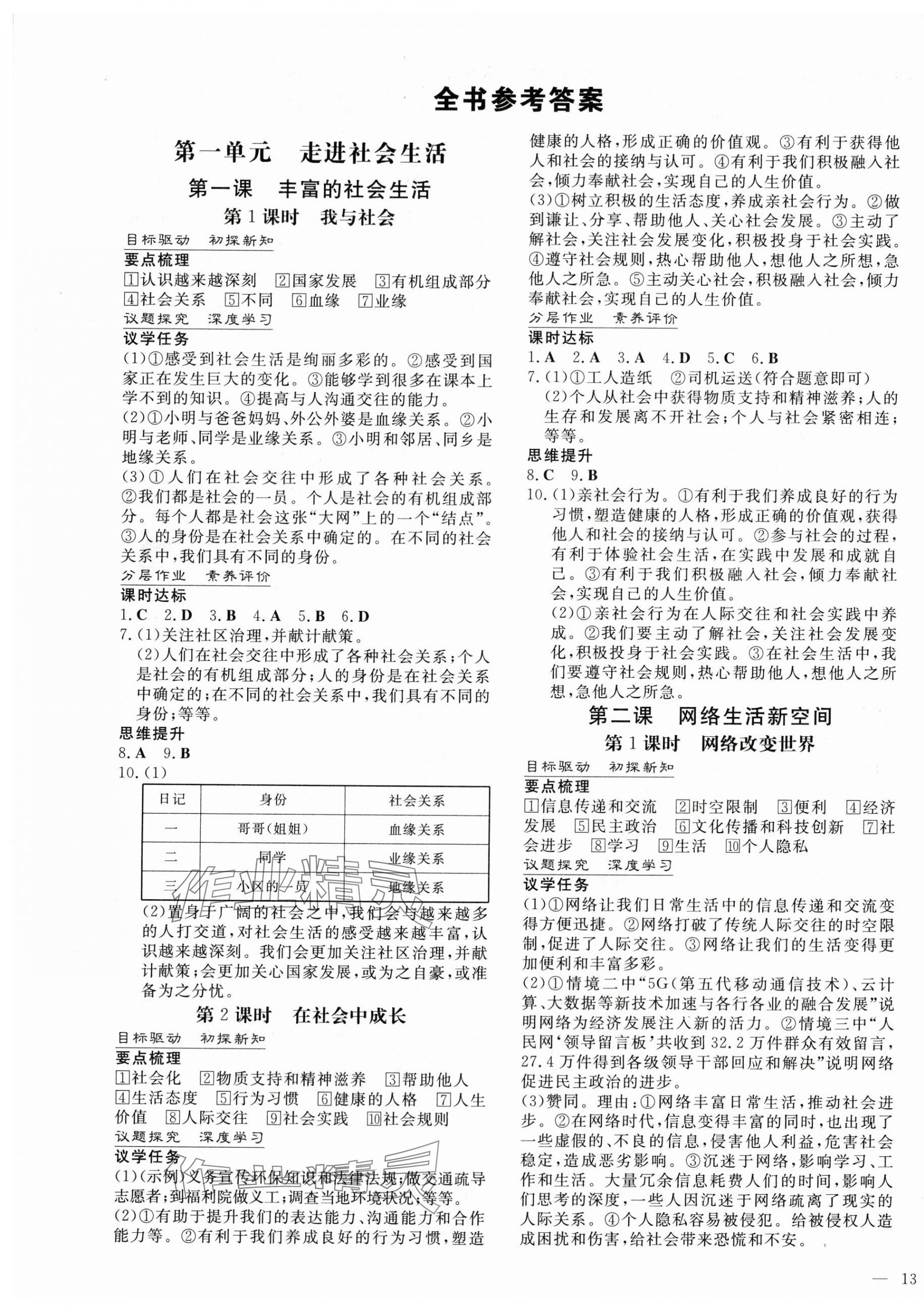 2024年初中同步学习导与练导学探究案八年级道德与法治上册人教版 参考答案第1页