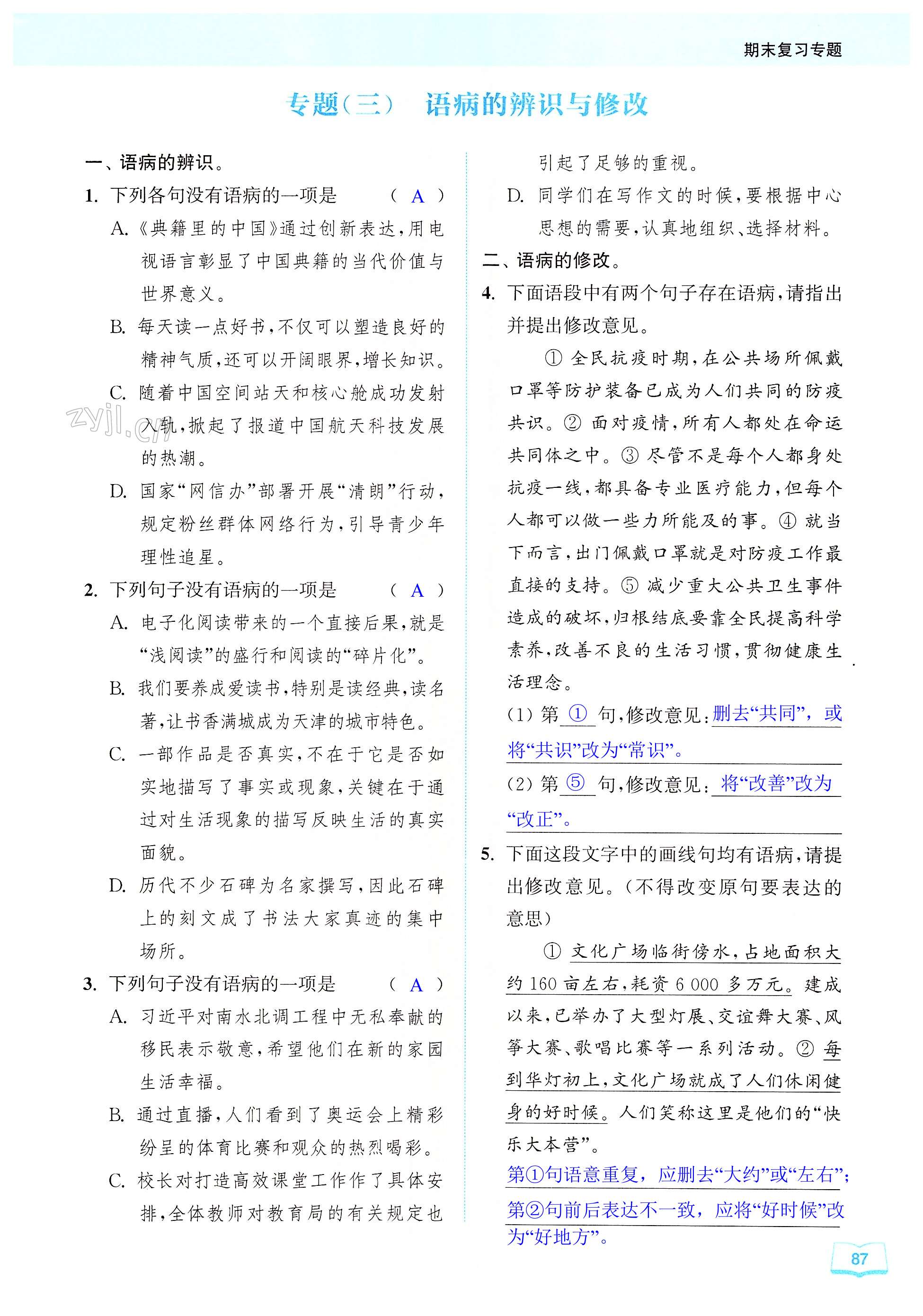专题(三) 语病的辨识与修改 - 第87页