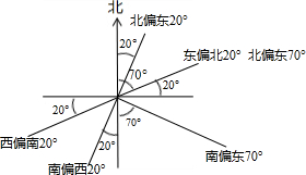 东偏北20°与北偏东70°c.西偏南20°与南偏东70°d.