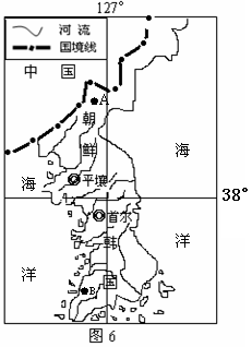 鲜半岛示意图(图6) 材料2:韩国现有耕地面积17