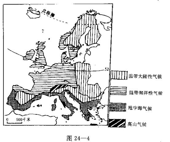 读图(24-4)欧洲西部地区气候图和图(24-5)三城市气温曲线降水柱状图