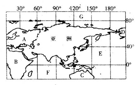 读"亚洲范围图",回答问题(每空2分,共16分)