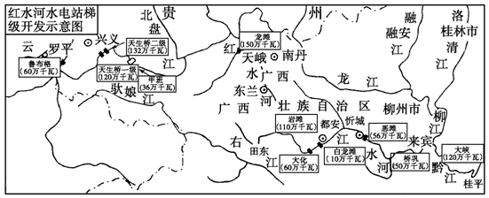 读"红水河水电站梯级开发示意图",结合下列材料回答问题.(11分)