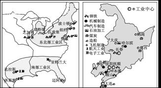 读美国东半部工业分布图和我国东北地区工业分布图,回答34-35题.