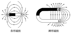 2.条形磁铁和蹄形磁铁的磁场磁感线分布(如图所示)